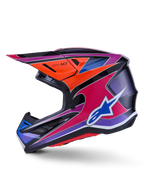 Casque Alpinestars S-M7 Fuse, casque de motocross, bleu, violet, rose et orange brillant, design graphique multicolore éclatant avec logo Alpinestars bleu, coque composite aérodynamique avec visière de protection et orifices de ventilation, équipement de course tout-terrain professionnel