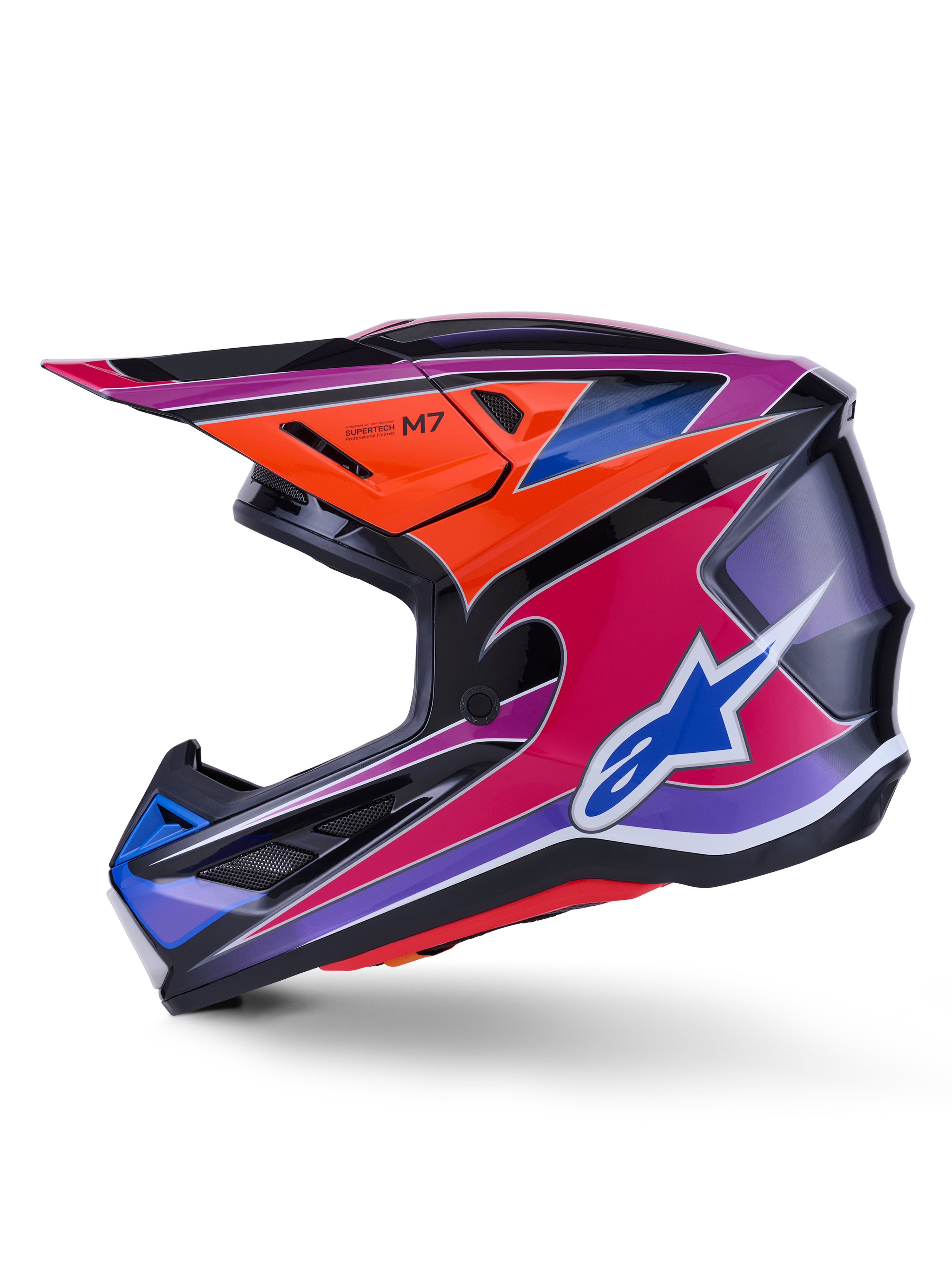 Casque Alpinestars S-M7 Fuse, casque de motocross, bleu, violet, rose et orange brillant, design graphique multicolore éclatant avec logo Alpinestars bleu, coque composite aérodynamique avec visière de protection et orifices de ventilation, équipement de course tout-terrain professionnel