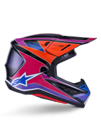 Casque Alpinestars S-M7 Fuse, casque de motocross, bleu, violet et rose brillant, vue de profil avec des graphismes de course éclatants, design de coque aérodynamique avec ports de ventilation et logo étoile Alpinestars