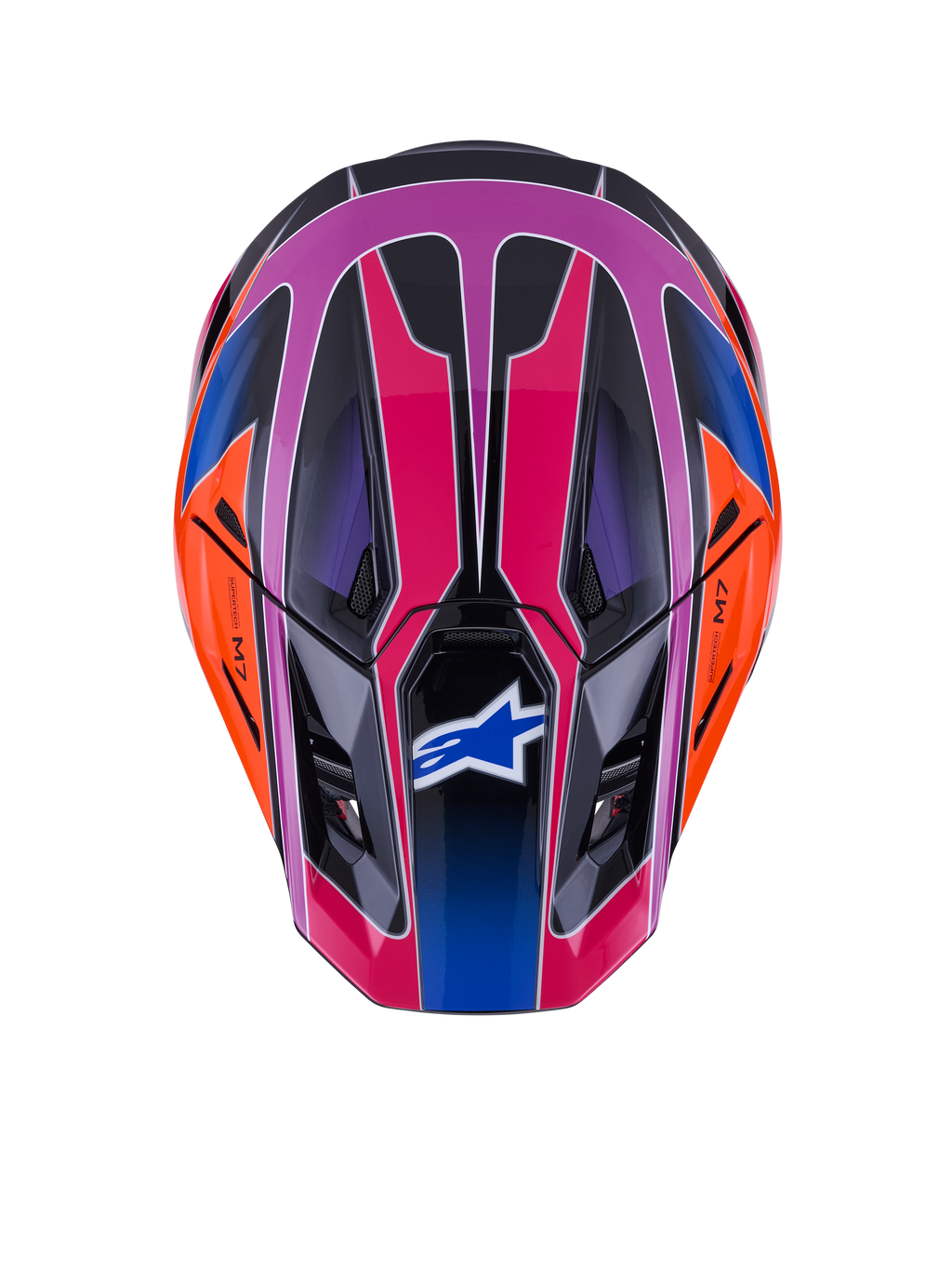 Casque Alpinestars S-M7 Fuse, vue de dessus, Bleu Violet Rose Brillant avec accents orange et noirs, motif géométrique éclatant, coque aérodynamique avec orifices de ventilation et logo Alpinestars sur la visière, équipement de sécurité pour motocross