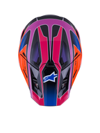 Casque Alpinestars S-M7 Fuse, vue de dessus, Bleu Violet Rose Brillant avec accents orange et noirs, motif géométrique éclatant, coque aérodynamique avec orifices de ventilation et logo Alpinestars sur la visière, équipement de sécurité pour motocross
