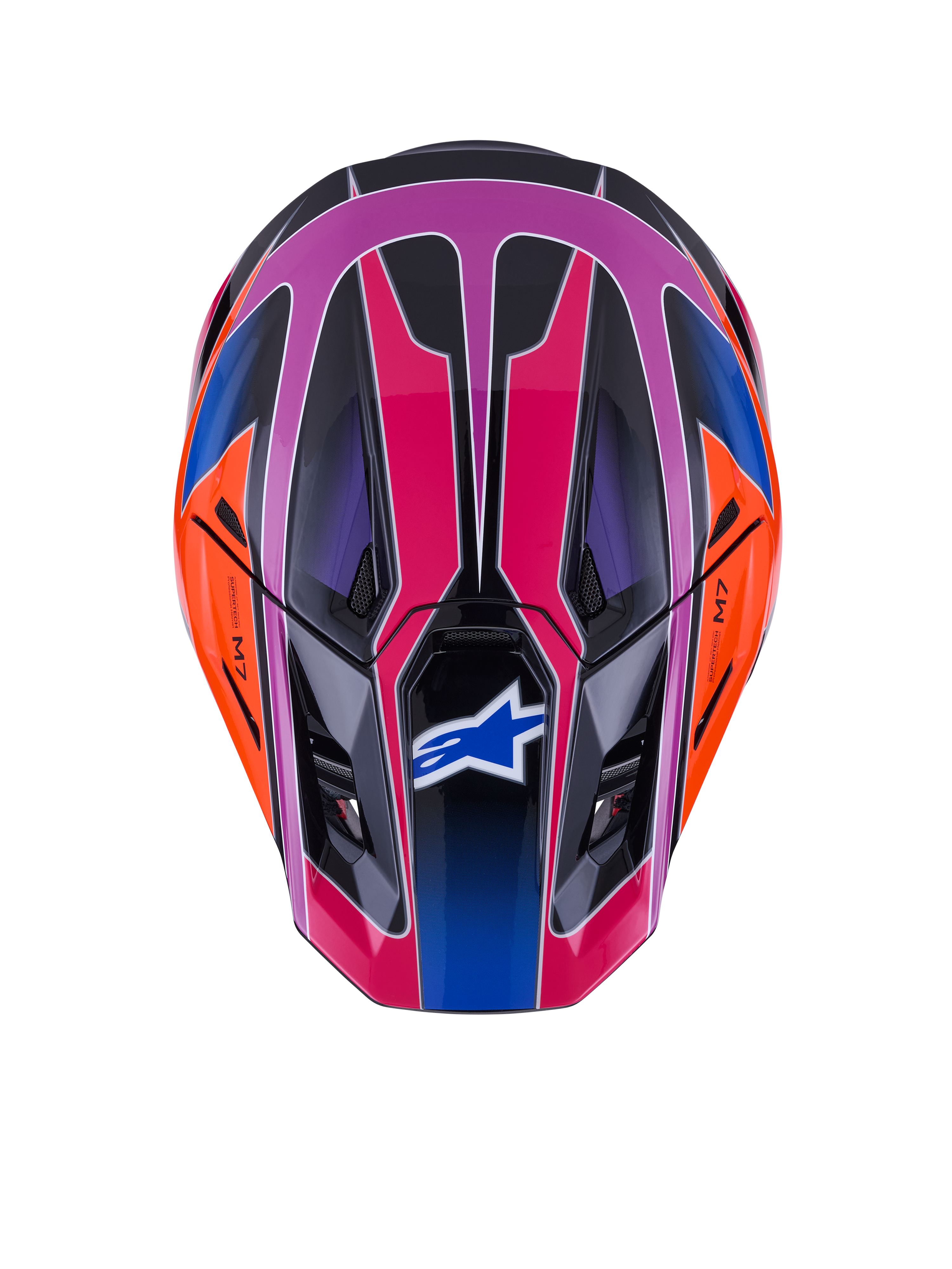 Casque Alpinestars S-M7 Fuse, vue de dessus, Bleu Violet Rose Brillant avec accents orange et noirs, motif géométrique éclatant, coque aérodynamique avec orifices de ventilation et logo Alpinestars sur la visière, équipement de sécurité pour motocross