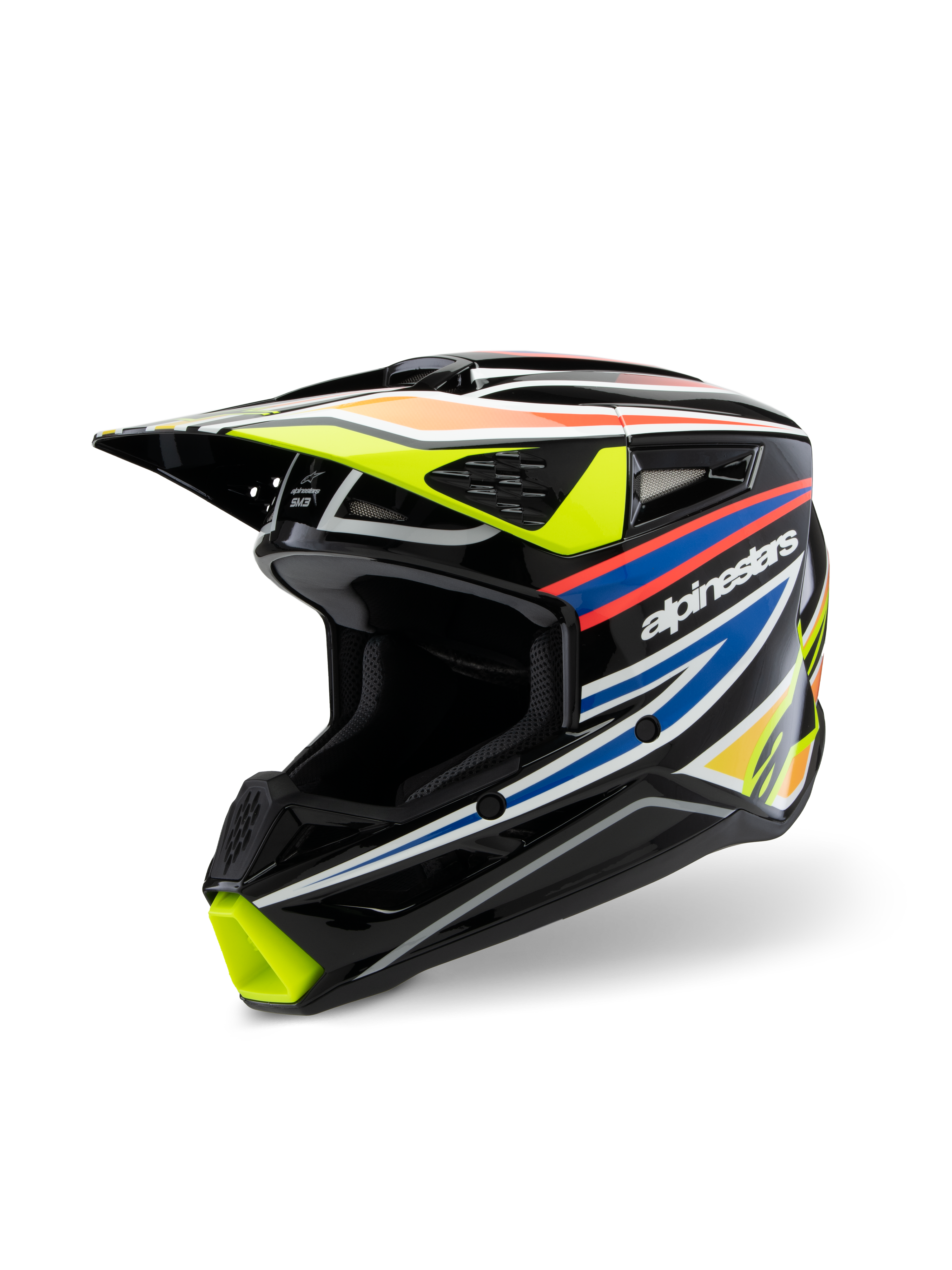 Casque Alpinestars S-M3 Youth Wurx ECE 22.06, casque de motocross, noir brillant avec graphismes de course jaune fluo, bleu et rouge-orange, vue de trois-quarts mettant en évidence la coque aérodynamique avec entrées d'air et extracteurs, équipement de protection tout-terrain pour les jeunes pilotes
