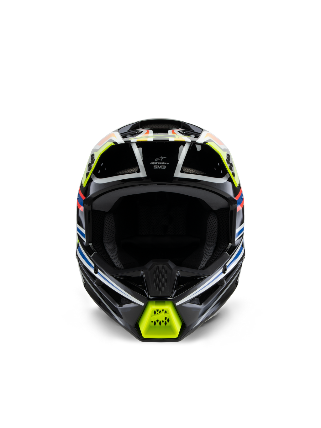 Casque Alpinestars S-M3 Junior Wurx, vue de face, noir avec accents jaune fluo, bleu et rouge, équipement de protection de motocross pour enfant, avec graphismes géométriques éclatants, ports de ventilation intégrés et mentonnière jaune, style de course tout-terrain