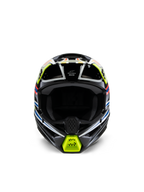 Casque Alpinestars S-M3 Junior Wurx, vue de face, noir avec accents jaune fluo, bleu et rouge, équipement de protection de motocross pour enfant, avec graphismes géométriques éclatants, ports de ventilation intégrés et mentonnière jaune, style de course tout-terrain