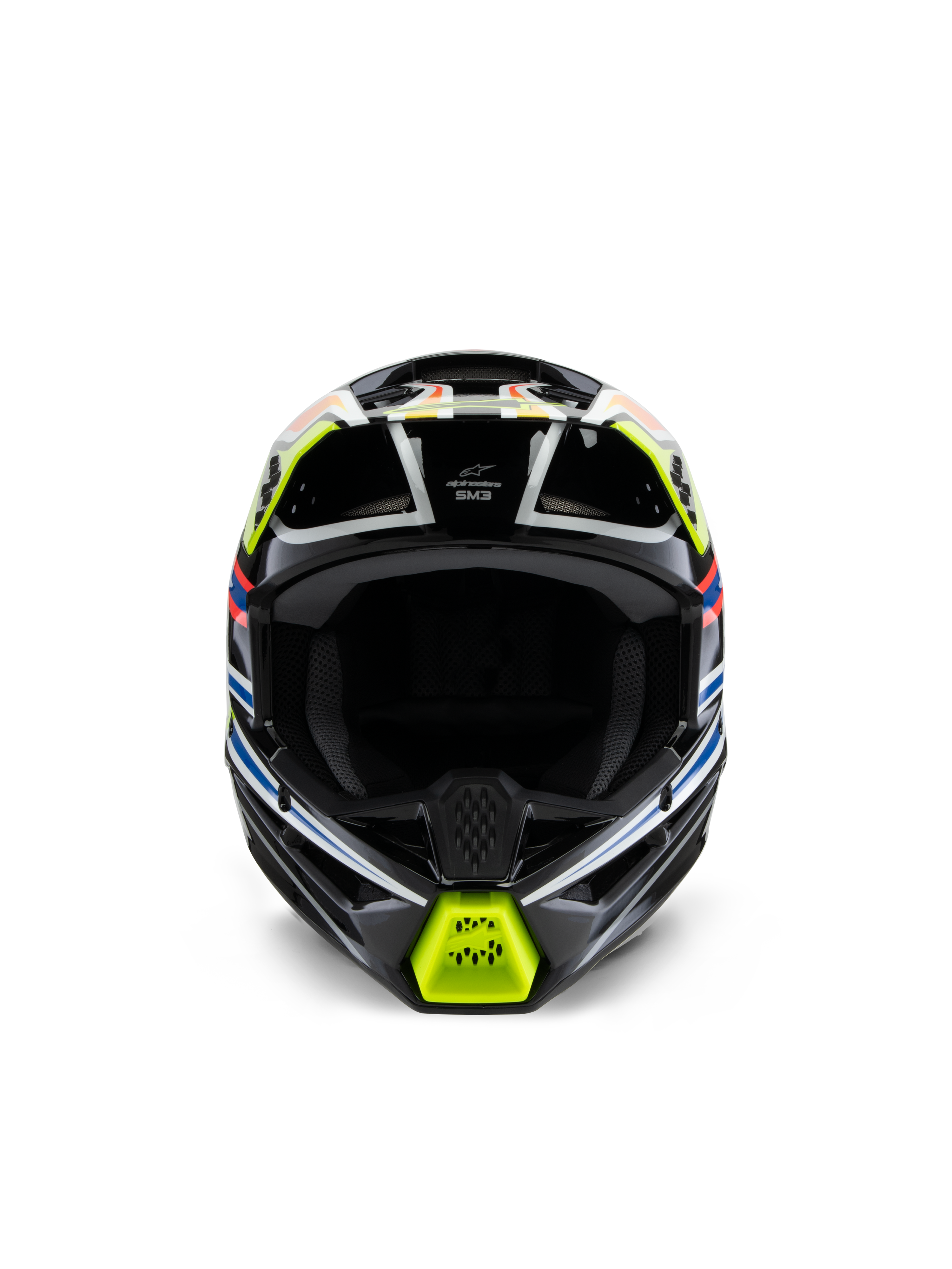Casque Alpinestars S-M3 Junior Wurx, vue de face, noir avec accents jaune fluo, bleu et rouge, équipement de protection de motocross pour enfant, avec graphismes géométriques éclatants, ports de ventilation intégrés et mentonnière jaune, style de course tout-terrain