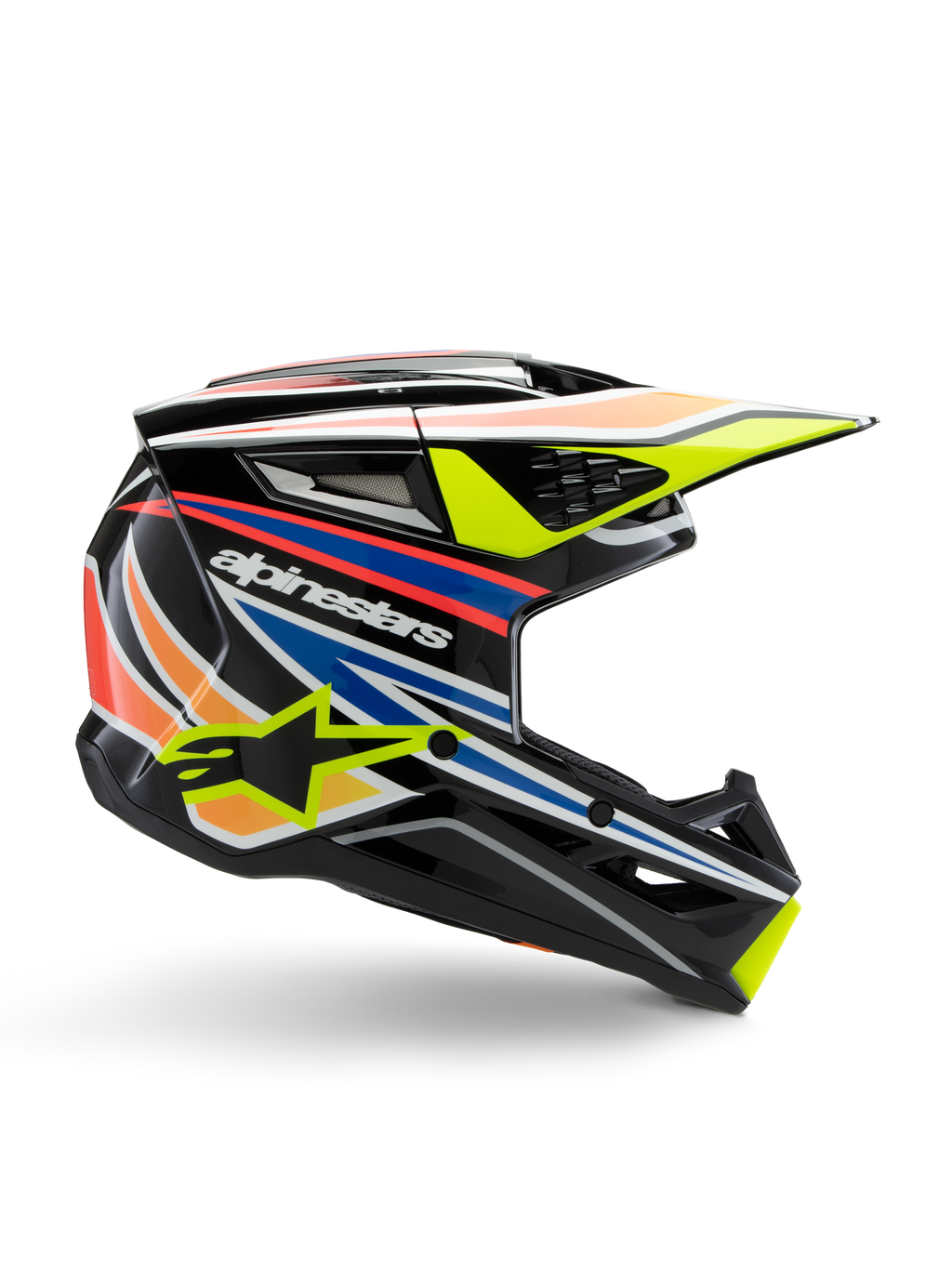 Casque Alpinestars S-M3 Youth Wurx, casque de motocross pour jeunesse, noir avec bandes graphiques jaunes, bleues, rouges et orange, vue de profil avec visière aérodynamique et finition brillante, logo Alpinestars blanc et motif d'étoile jaune