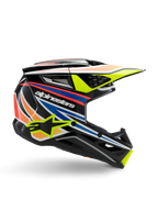 Casque Alpinestars S-M3 Youth Wurx, casque de motocross pour jeunesse, noir avec bandes graphiques jaunes, bleues, rouges et orange, vue de profil avec visière aérodynamique et finition brillante, logo Alpinestars blanc et motif d'étoile jaune