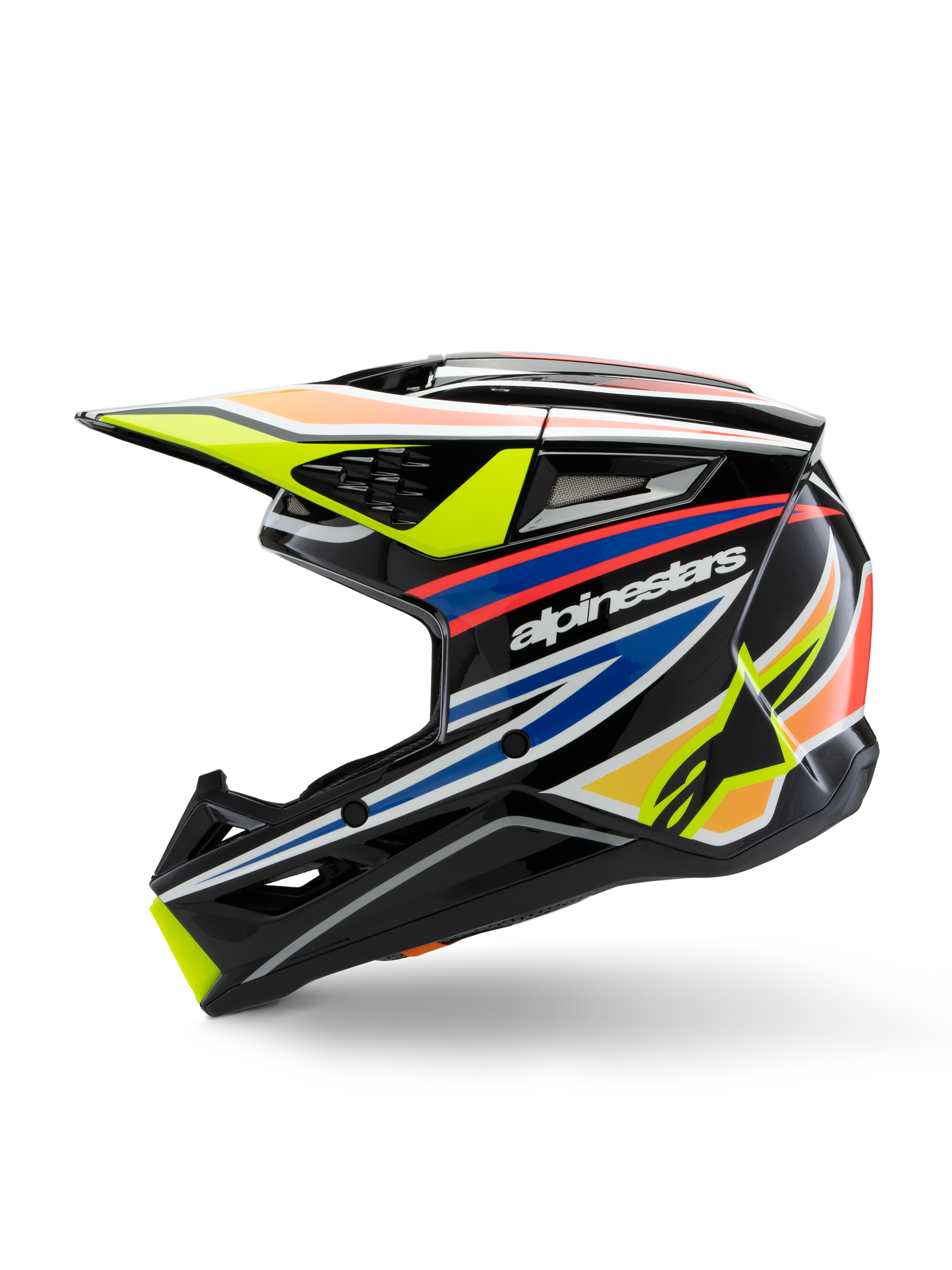 Casque Alpinestars S-M3 Youth Wurx, casque de motocross, noir avec des motifs jaune, bleu et rouge éclatants, vue de profil mettant en avant le logo Alpinestars, coque aérodynamique avec de multiples orifices de ventilation et une visière jaune.