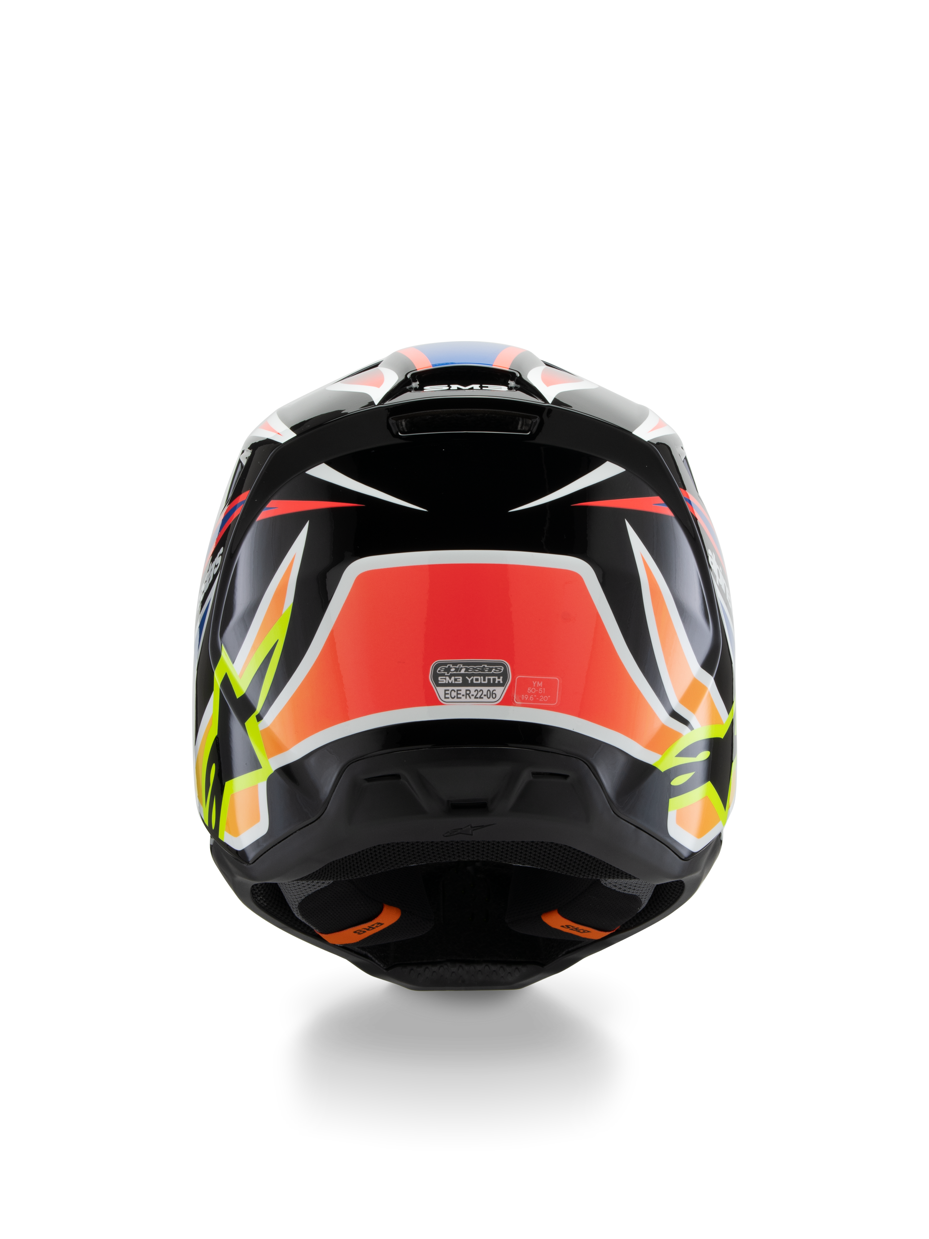 Alpinestars S-M3 Youth Wurx Helmet ECE 22.06, casque de motocross, vue arrière, noir avec graphismes rouges, jaune fluo et bleus, motifs angulaires audacieux, logos en étoile et autocollant de certification ECE 22.06, conçu pour la compétition tout-terrain junior