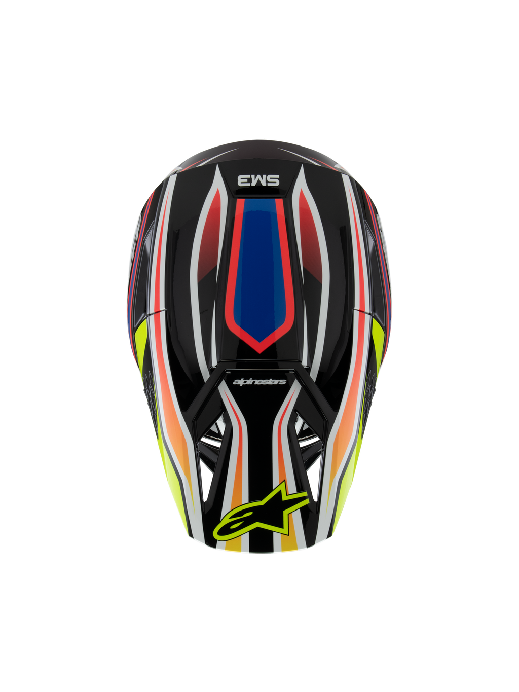 Alpinestars S-M3 Youth Wurx Helmet ECE 22.06, casque de motocross, noir avec des graphismes vifs rouge, bleu et jaune, vue de dessus présentant le logo SM3 et le logo Alpinestars jaune sur la visière, équipement de protection tout-terrain