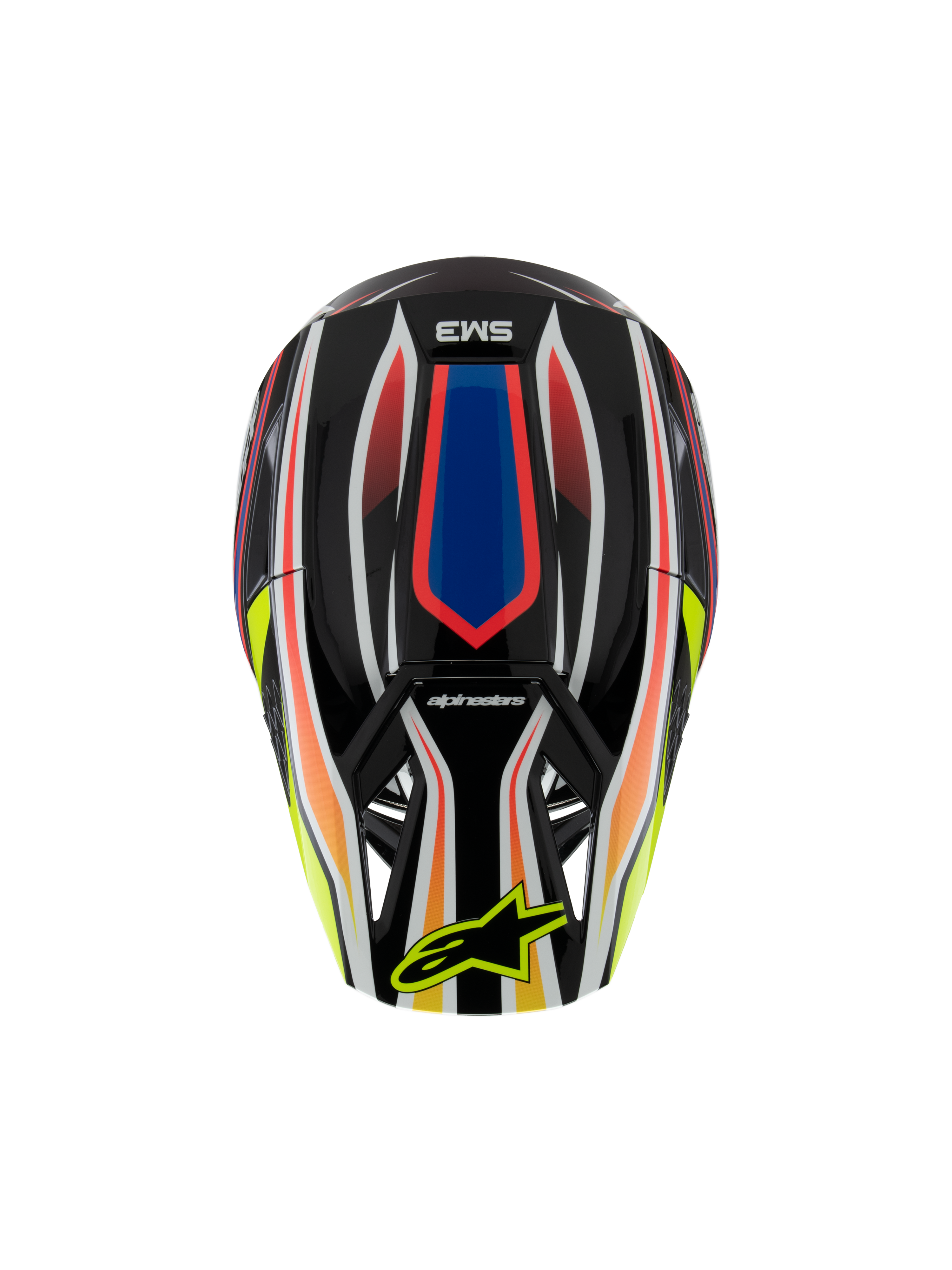 Alpinestars S-M3 Youth Wurx Helmet ECE 22.06, casque de motocross, noir avec des graphismes vifs rouge, bleu et jaune, vue de dessus présentant le logo SM3 et le logo Alpinestars jaune sur la visière, équipement de protection tout-terrain