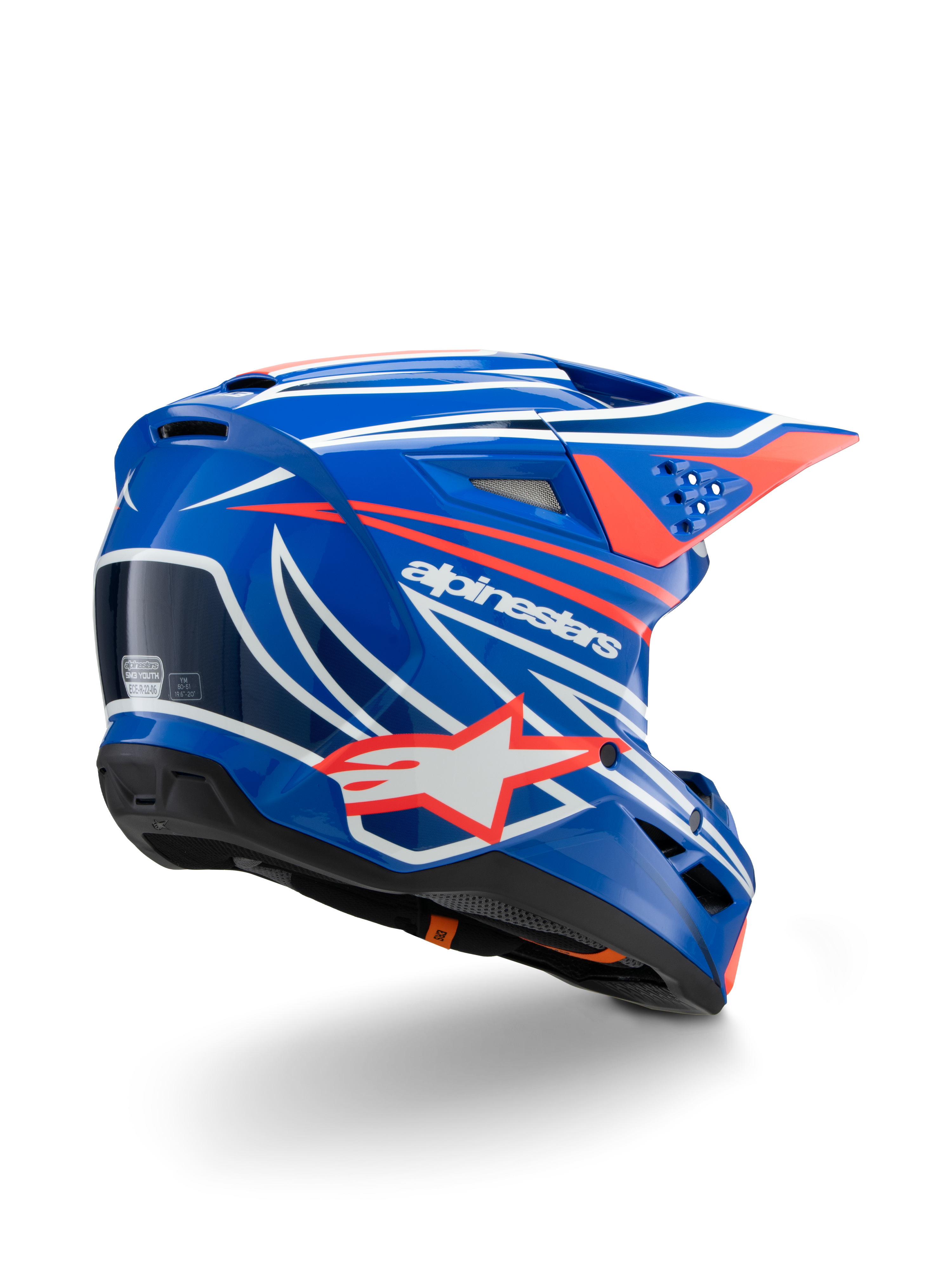 Casque Alpinestars S-M3 Youth Wurx, casque de motocross, bleu brillant avec motifs rouges, blancs et noirs, vue arrière de trois-quarts montrant la coque aérodynamique, les orifices de ventilation et le marquage Alpinestars, équipement de protection pour la course tout-terrain