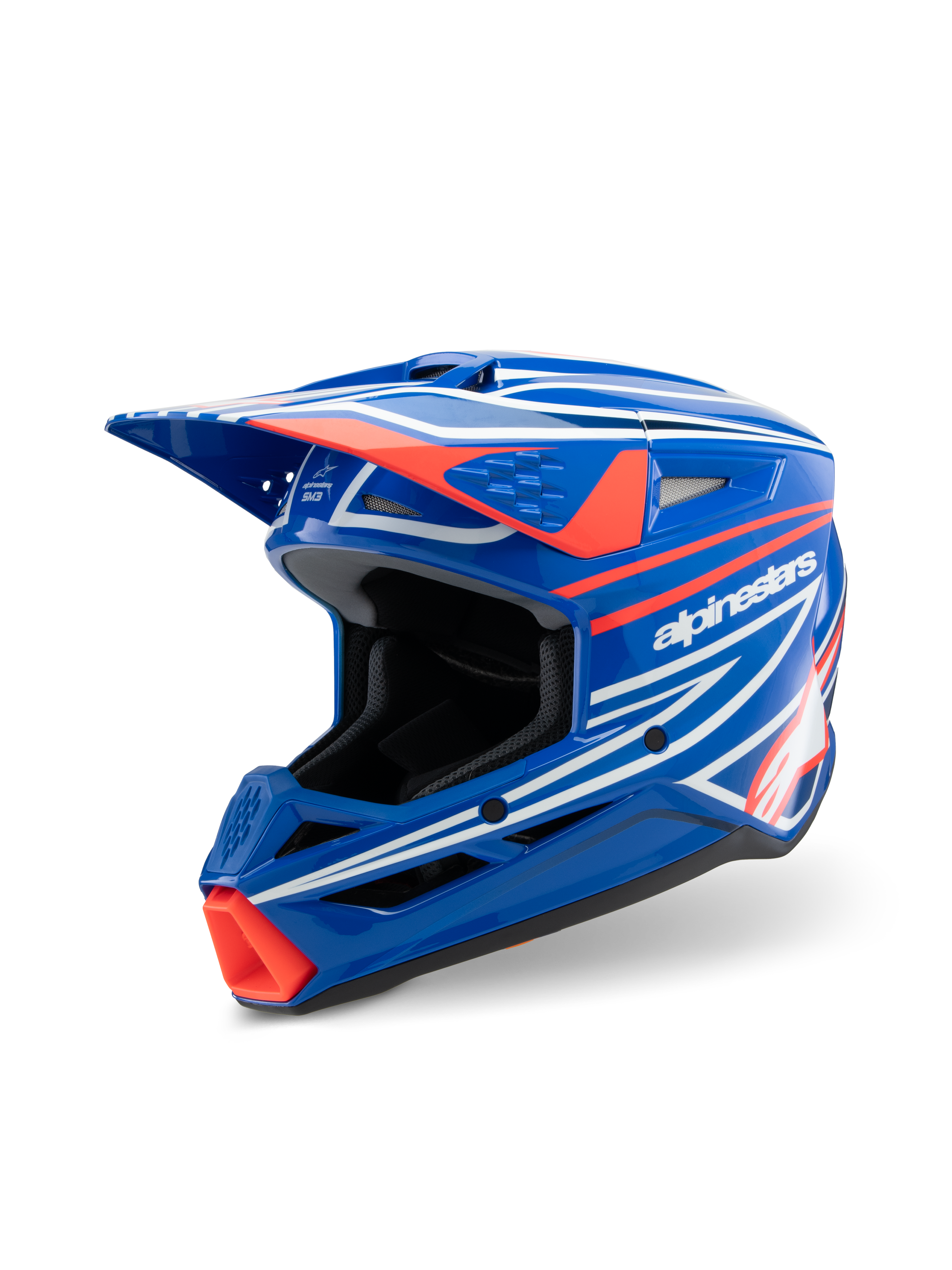 Casque Alpinestars S-M3 Youth Wurx, casque de motocross, bleu brillant avec graphismes rouges et blancs, design aérodynamique doté d'une visière proéminente et de multiples ports de ventilation, conçu pour le tout-terrain et le MX pour les jeunes pilotes
