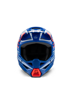 Casque Alpinestars S-M3 Youth Wurx ECE 22.06, casque de motocross, bleu, rouge, blanc et noir brillant, vue de face, doté d'une coque aérodynamique, de ports de ventilation et d'une prise d'air rouge vif sur la mentonnière, conçu pour la compétition tout-terrain junior