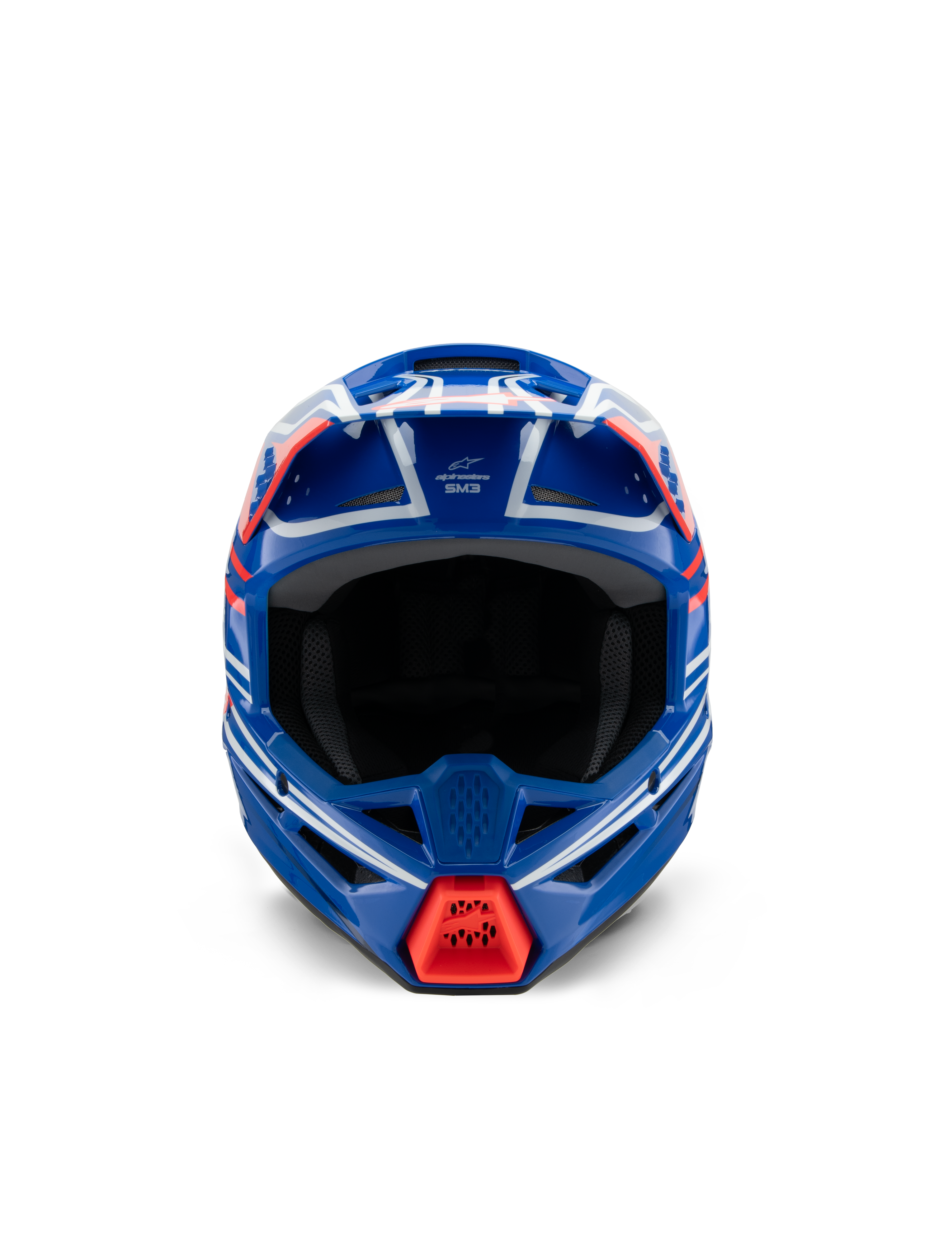 Casque Alpinestars S-M3 Youth Wurx ECE 22.06, casque de motocross, bleu, rouge, blanc et noir brillant, vue de face, doté d'une coque aérodynamique, de ports de ventilation et d'une prise d'air rouge vif sur la mentonnière, conçu pour la compétition tout-terrain junior