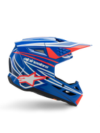 Alpinestars S-M3 Youth Wurx Helmet, casque de motocross pour jeunes, bleu avec motifs rouges et blancs, profil latéral avec visière aérodynamique, fentes de ventilation et logo étoile, finition brillante, certifié ECE 22.06