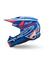 Casque Alpinestars S-M3 Youth Wurx, casque de motocross, bleu, rouge, blanc et noir brillant, avec des graphismes audacieux, le logo Alpinestars et l'étoile, vue de profil avec aérations aérodynamiques et visière intégrée, équipement de course tout-terrain
