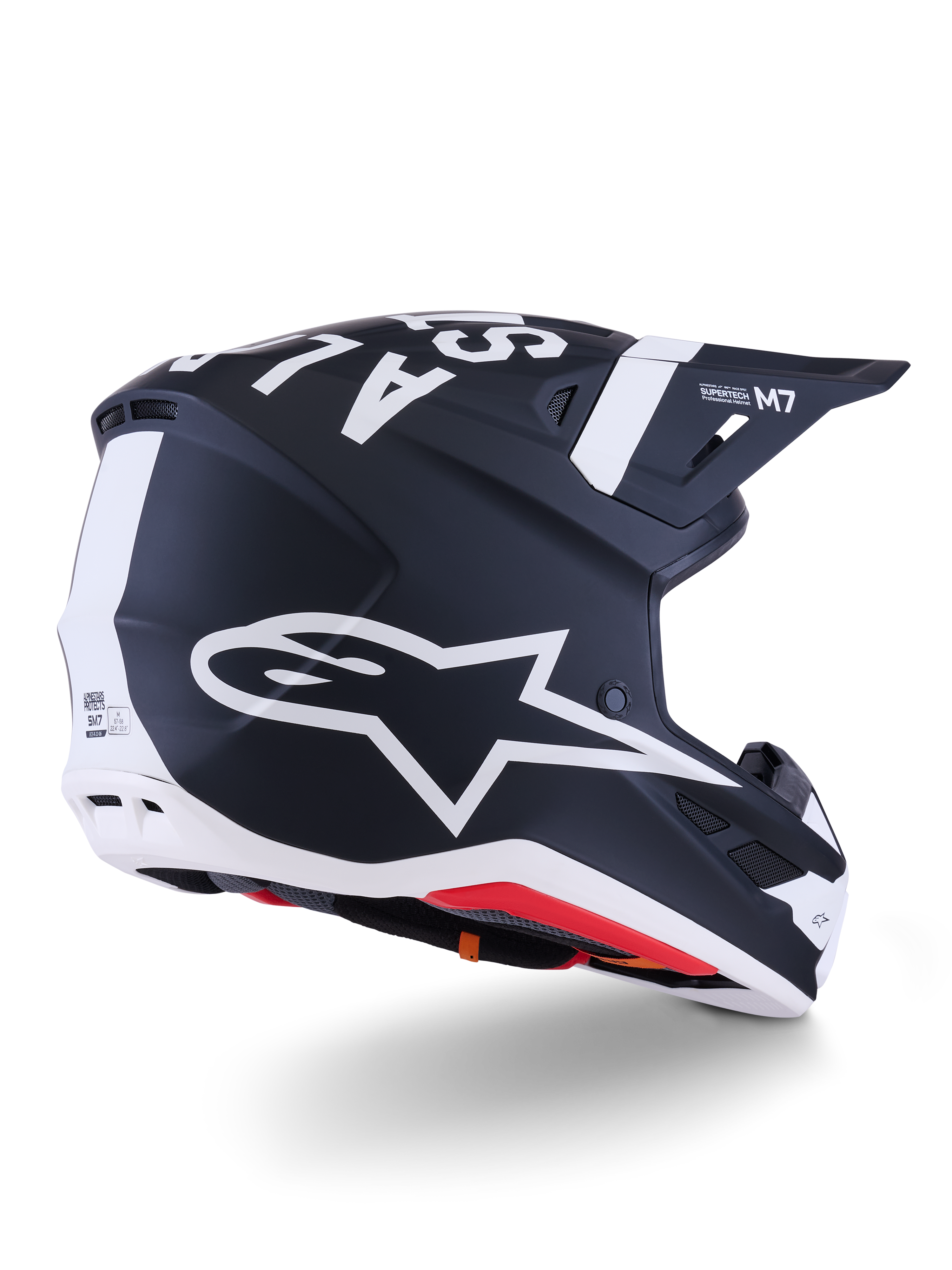 Alpinestars S-M7 Dasher Helmet, Motocross Helmet, Matte Black and White, rear three-quarter view featuring large white A-star logo on the side, bold white branding on top, aerodynamic shell design with visible ventilation ports and red padding.