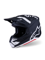 Alpinestars S-M7 Dasher Helmet, Motocross Helmet, Black and White Matt with red accents, featuring bold white Alpinestars logos and graphics, aerodynamic composite shell with integrated ventilation ports and protective visor.