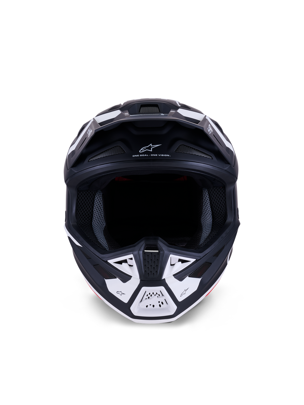 Alpinestars S-M7 Dasher Helmet ECE 22.06, Motocross Helmet, Matte Black and White, Front view showing ventilation ports and geometric graphics, features "ONE GOAL - ONE VISION" text, professional off-road racing protection