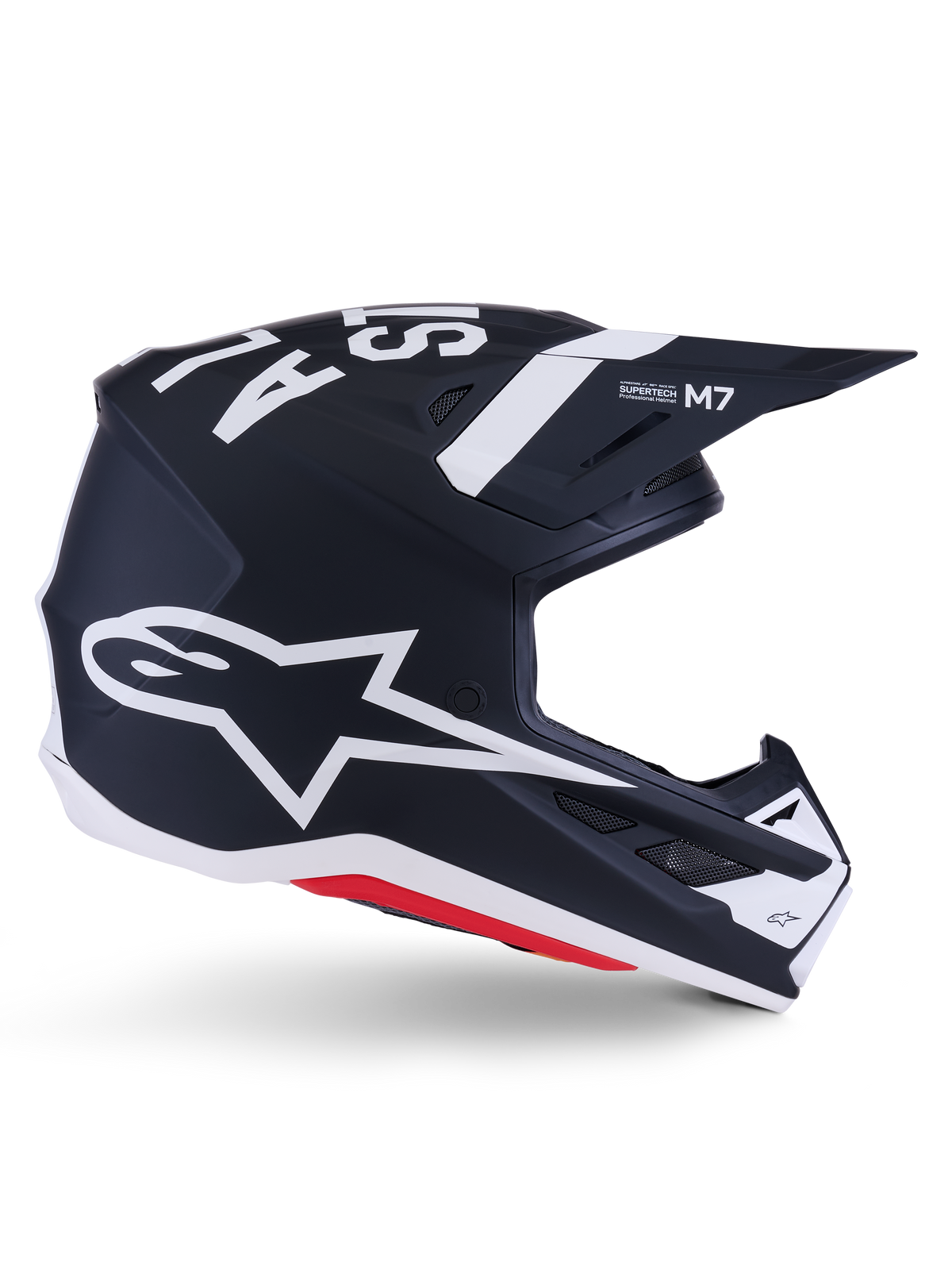 Alpinestars S-M7 Dasher Helmet, Motocross Helmet, Black White Matt with Red accents, featuring large white Alpinestars star logo on the side, aerodynamic visor and ventilation ports, matte finish, ECE 22.06 certified for off-road racing