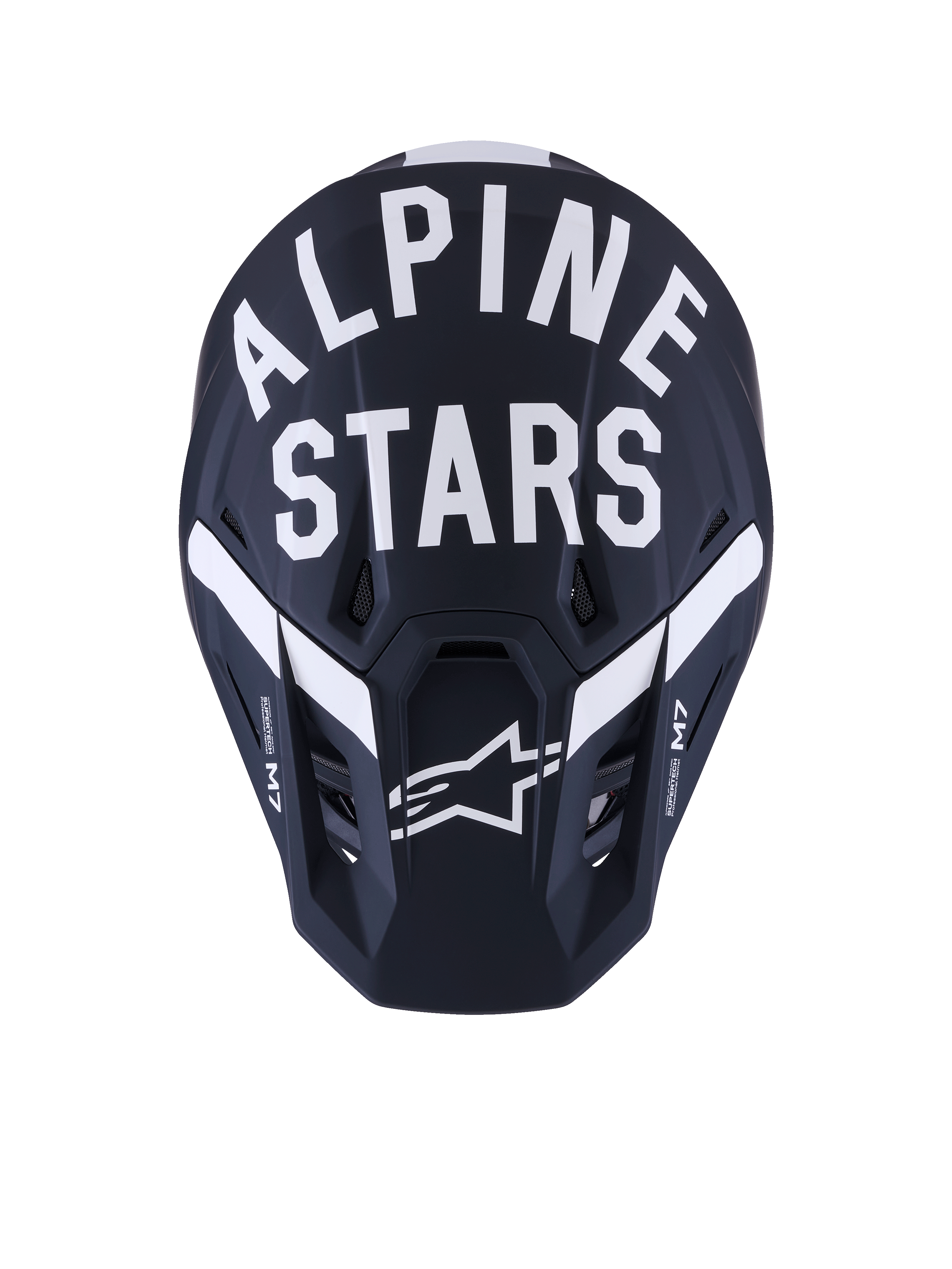 Alpinestars S-M7 Dasher Helmet, Motocross Helmet, Black White Matt, front view with bold white Alpinestars text and star logo, matte finish composite shell with ventilation ports, professional off-road racing gear.