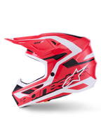Alpinestars S-M7 Deed Helmet ECE 22.06, Motocross Helmet, Red Black and White Glossy, side profile view showing aerodynamic composite shell, ventilation ports, and Alpinestars branding, designed for off-road racing protection