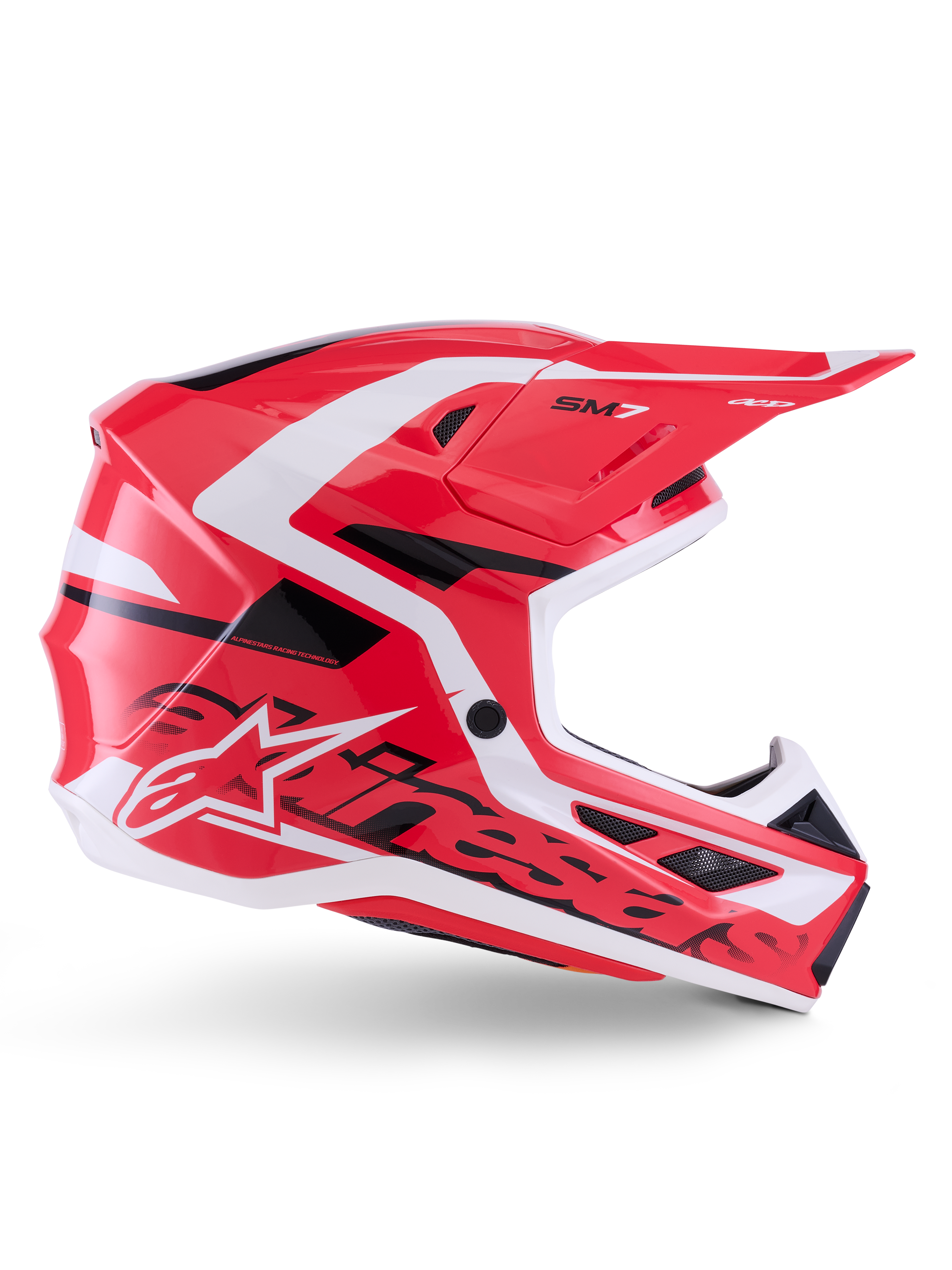Casque Alpinestars S-M7 Deed, casque de motocross, rouge, noir et blanc brillant, vue de profil, avec logo Alpinestars et logo SM7, coque composite aérodynamique avec plusieurs ports de ventilation, conçu pour le tout-terrain et le motocross
