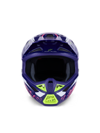 Alpinestars S-M7 Deed Helmet ECE 22.06, Motocross Helmet, Purple Pink Glossy with Lime Green and white accents, front view showing the wide eye port and ventilation system, aerodynamic composite shell design for off-road racing.