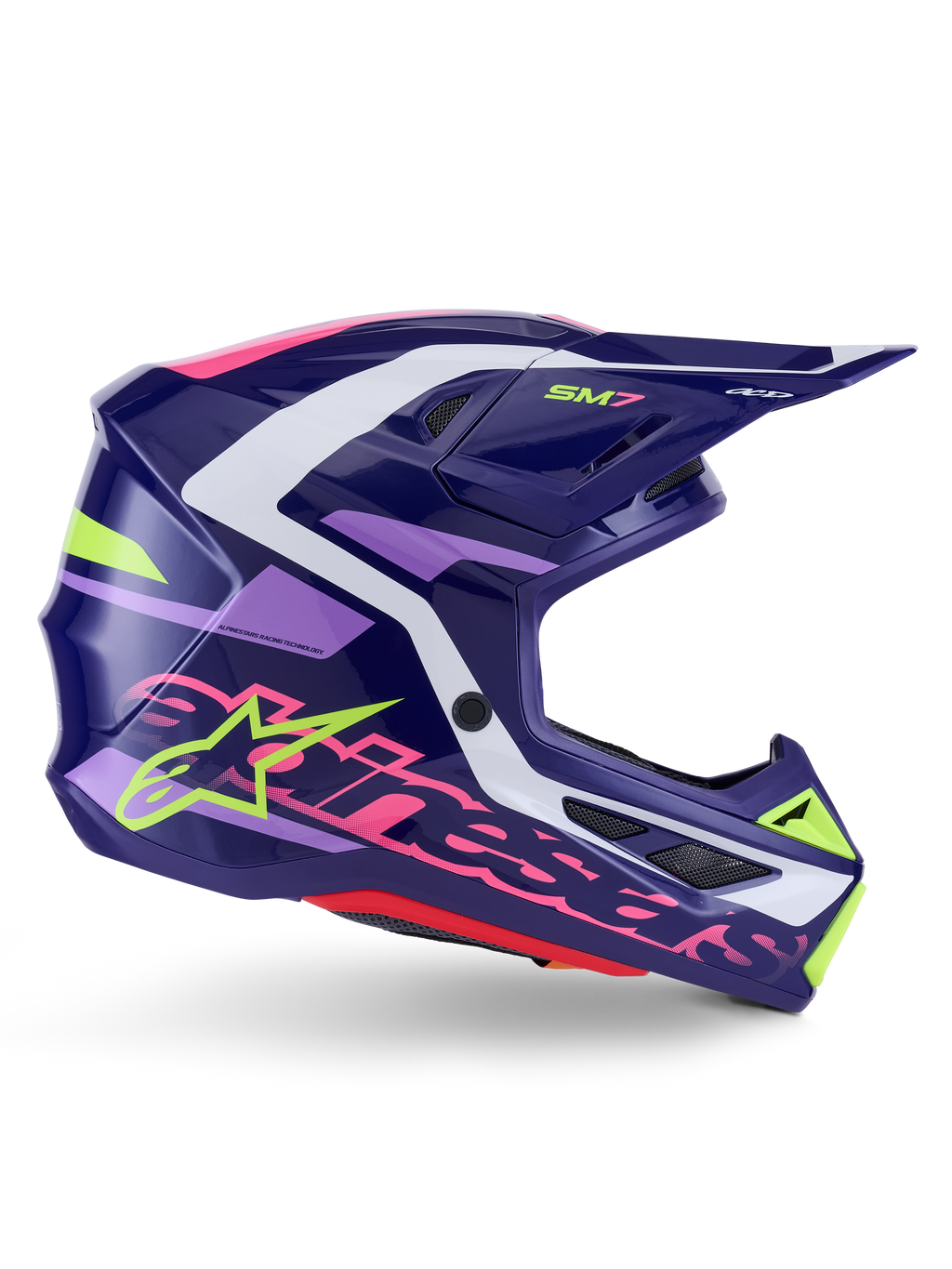 Alpinestars S-M7 Deed Helmet, Motocross Helmet, Purple Pink Glossy, side profile view, featuring white and lime green graphic accents, SM7 branding and bold Alpinestars logo, aerodynamic composite shell design for off-road racing