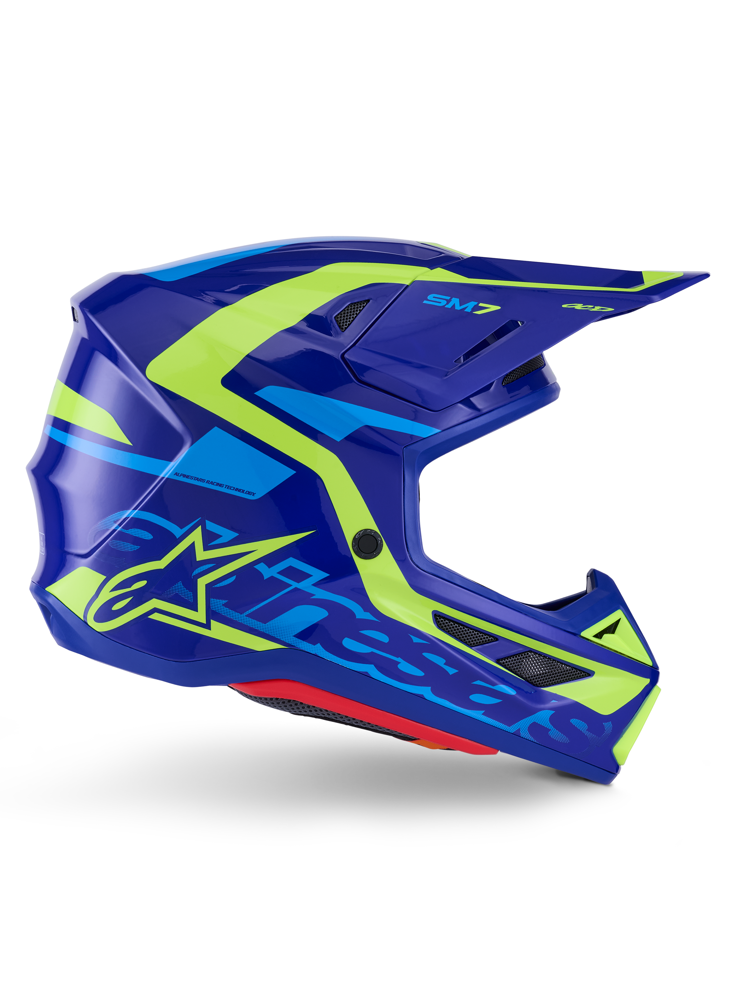 Alpinestars S-M7 Deed Helmet ECE 22.06, Motocross Helmet, Blue Yellow Fluo Glossy, side profile view featuring an aerodynamic shell with bold Alpinestars branding, bright yellow and light blue graphic accents, multiple ventilation ports, and integrated visor design for elite off-road racing