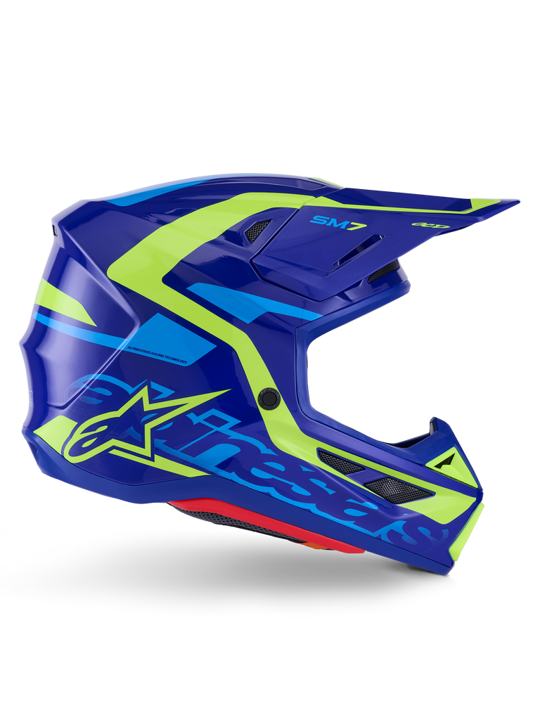 Alpinestars S-M7 Deed Helmet ECE 22.06, casque de motocross, bleu et jaune fluo brillant, vue de profil présentant une coque aérodynamique avec marquage Alpinestars distinctif, accents graphiques jaune vif et bleu clair, multiples ports de ventilation et visière intégrée pour la course tout-terrain d'élite