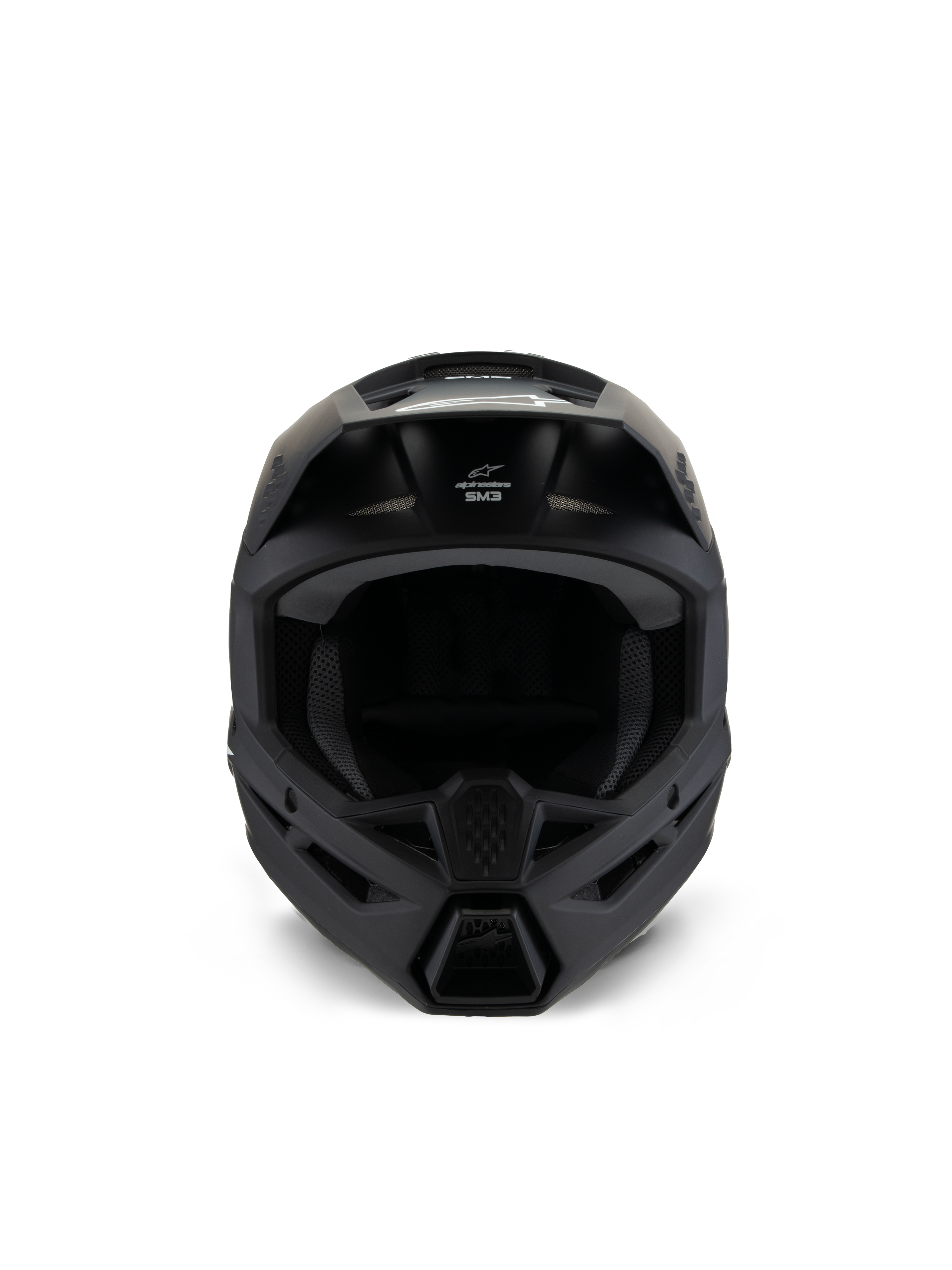 Alpinestars S-M3 Youth Solid Helmet, Motocross Helmet, Black Matt, front view, featuring a matte finish, ventilation ports on the chin bar and forehead, white SM3 logo, sleek aerodynamic design for off-road racing