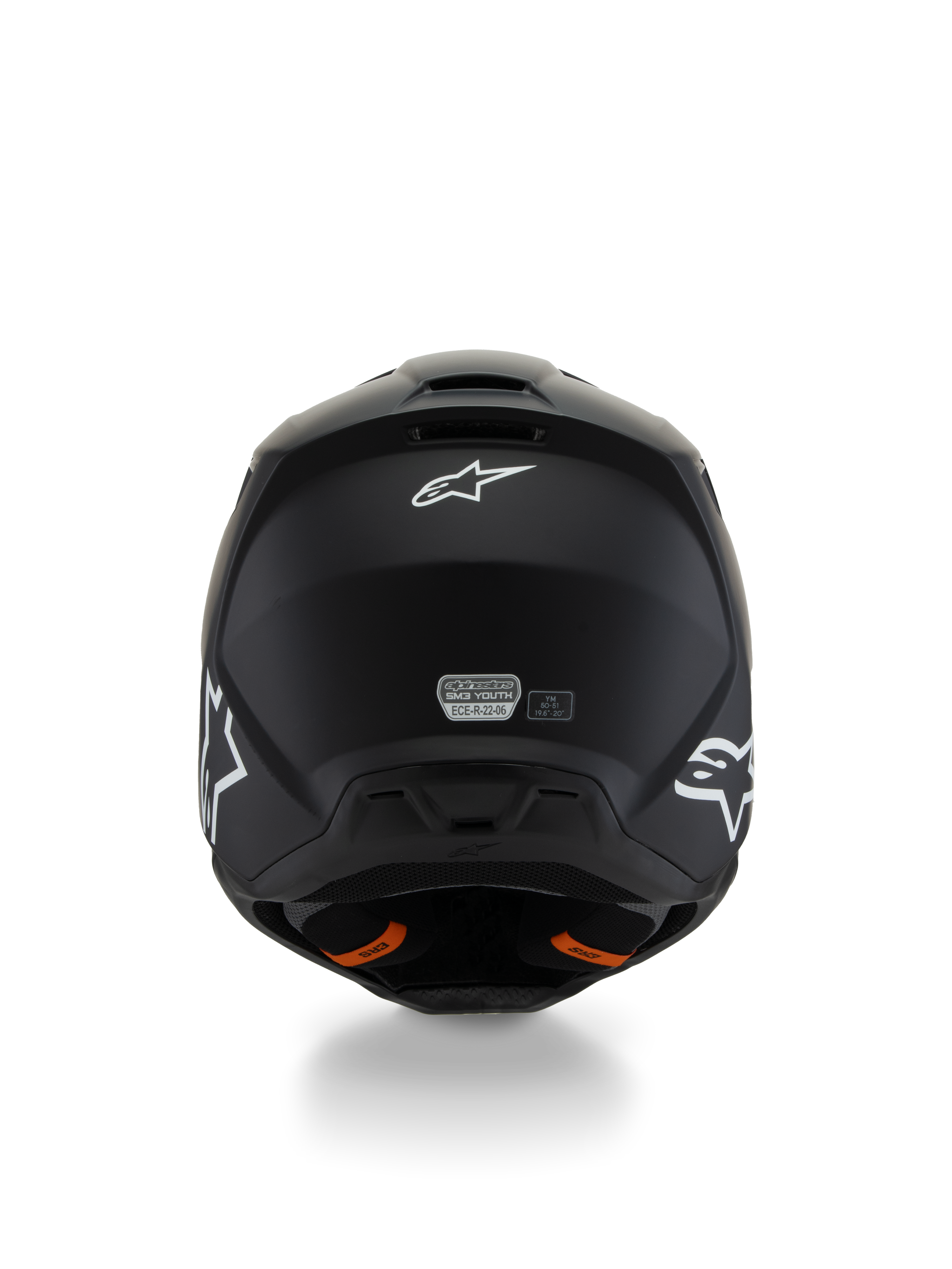 Alpinestars S-M3 Youth Solid Helmet ECE 22.06, Motocross Helmet, Matte Black, rear view showing white star logos and ECE certification sticker, orange Emergency Release System tabs, streamlined protective shell for youth riders