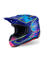 Alpinestars S-M7 Cast Helmet ECE 22.06, Motocross Helmet, Blue Pink and Yellow Fluo Glossy, three-quarter side view, aerodynamic shell with multiple ventilation ports, vibrant graphic design with pink accents and neon yellow outlines.