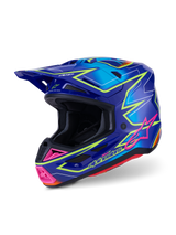 Alpinestars S-M7 Cast Helmet ECE 22.06, Motocross Helmet, Blue Pink and Yellow Fluo Glossy, three-quarter side view, aerodynamic shell with multiple ventilation ports, vibrant graphic design with pink accents and neon yellow outlines.