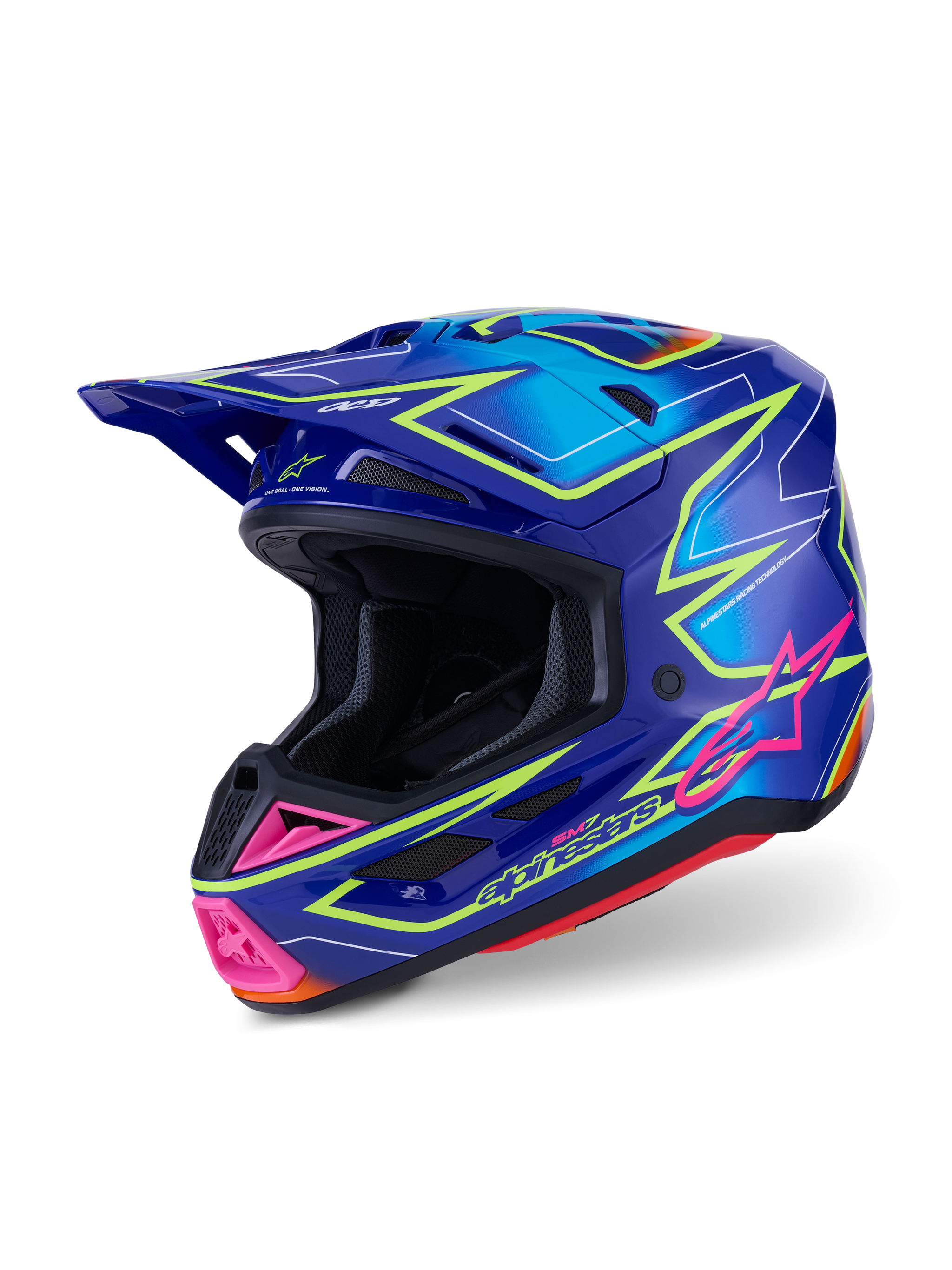 Alpinestars S-M7 Cast Helmet ECE 22.06, Motocross Helmet, Blue Pink and Yellow Fluo Glossy, three-quarter side view, aerodynamic shell with multiple ventilation ports, vibrant graphic design with pink accents and neon yellow outlines.
