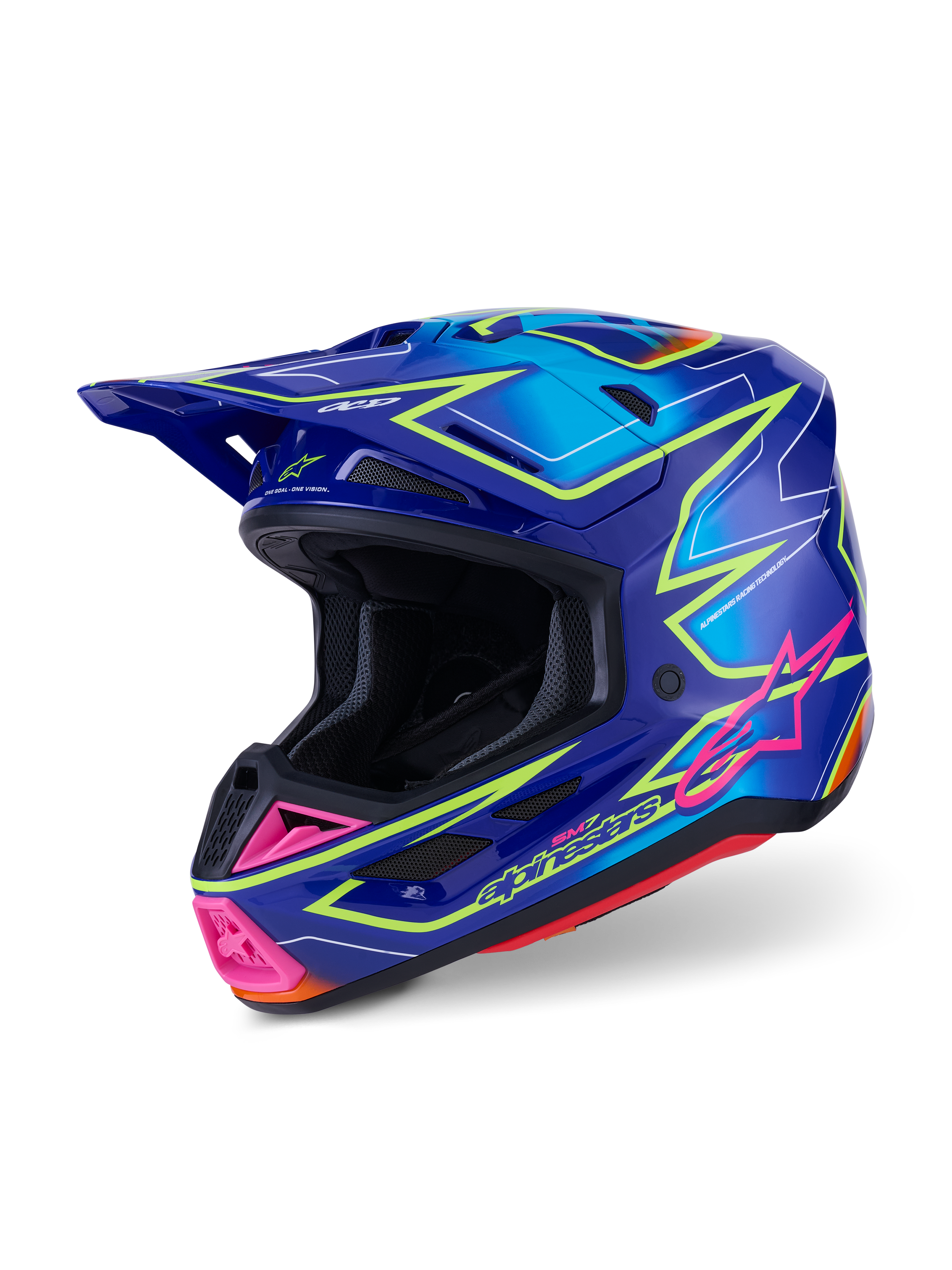 Alpinestars S-M7 Cast Helmet ECE 22.06, Motocross Helmet, Blue Pink and Yellow Fluo Glossy, three-quarter side view, aerodynamic shell with multiple ventilation ports, vibrant graphic design with pink accents and neon yellow outlines.