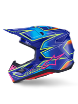 Alpinestars S-M7 Cast Helmet, Motocross Helmet, Blue with Pink and Yellow Fluo Glossy accents, side profile view showcasing the aerodynamic composite shell, integrated ventilation ports, pink star logo, and yellow branding, engineered for off-road racing protection.