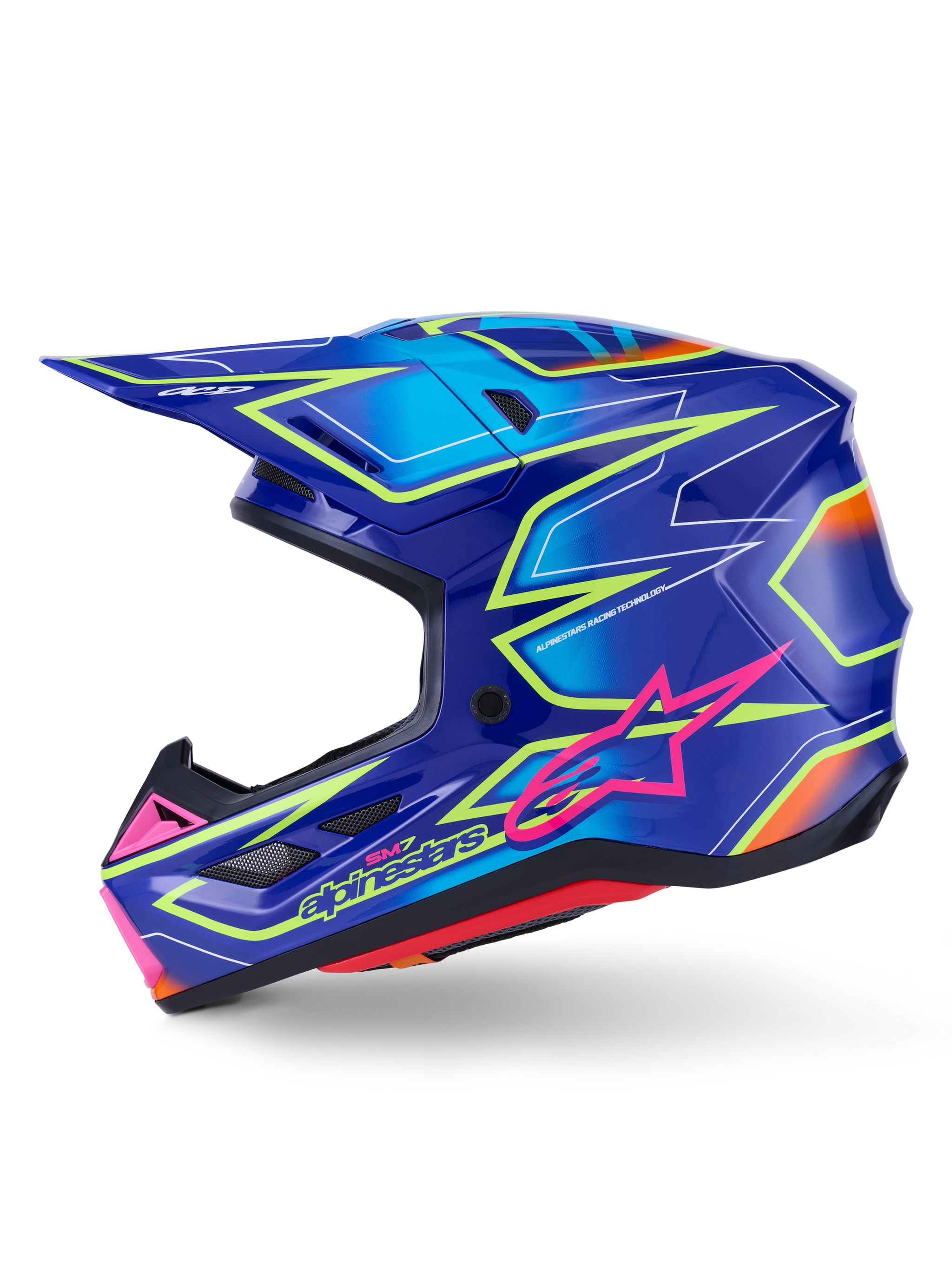 Alpinestars S-M7 Cast Helmet, Motocross Helmet, Blue with Pink and Yellow Fluo Glossy accents, side profile view showcasing the aerodynamic composite shell, integrated ventilation ports, pink star logo, and yellow branding, engineered for off-road racing protection.