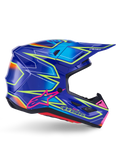 Alpinestars S-M7 Cast Helmet, Motocross Helmet, Blue Pink and Yellow Fluo Glossy, side profile view featuring bold geometric patterns, pink Alpinestars logo, and ventilated aerodynamic shell.