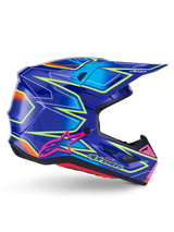 Alpinestars S-M7 Cast Helmet, Motocross Helmet, Blue Pink and Yellow Fluo Glossy, side profile view featuring bold geometric patterns, pink Alpinestars logo, and ventilated aerodynamic shell.
