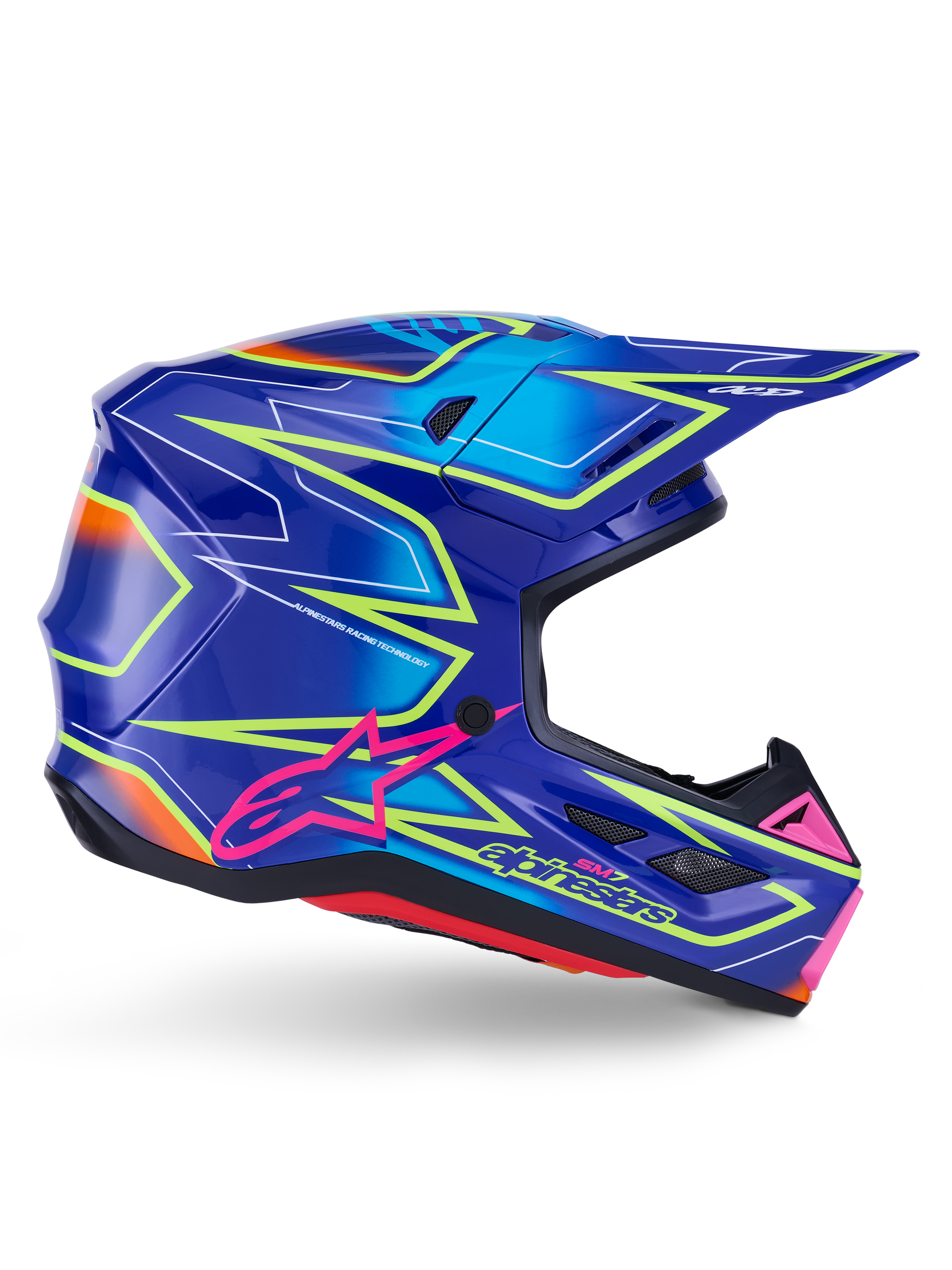 Alpinestars S-M7 Cast Helmet, Motocross Helmet, Blue Pink and Yellow Fluo Glossy, side profile view featuring bold geometric patterns, pink Alpinestars logo, and ventilated aerodynamic shell.
