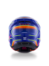Alpinestars S-M7 Cast Helmet ECE 22.06, Motocross Helmet, Blue Pink and Yellow Fluo Glossy, rear view showing 'One Goal. One Vision.' slogan, aerodynamic composite shell with integrated ventilation ports and vibrant neon accents