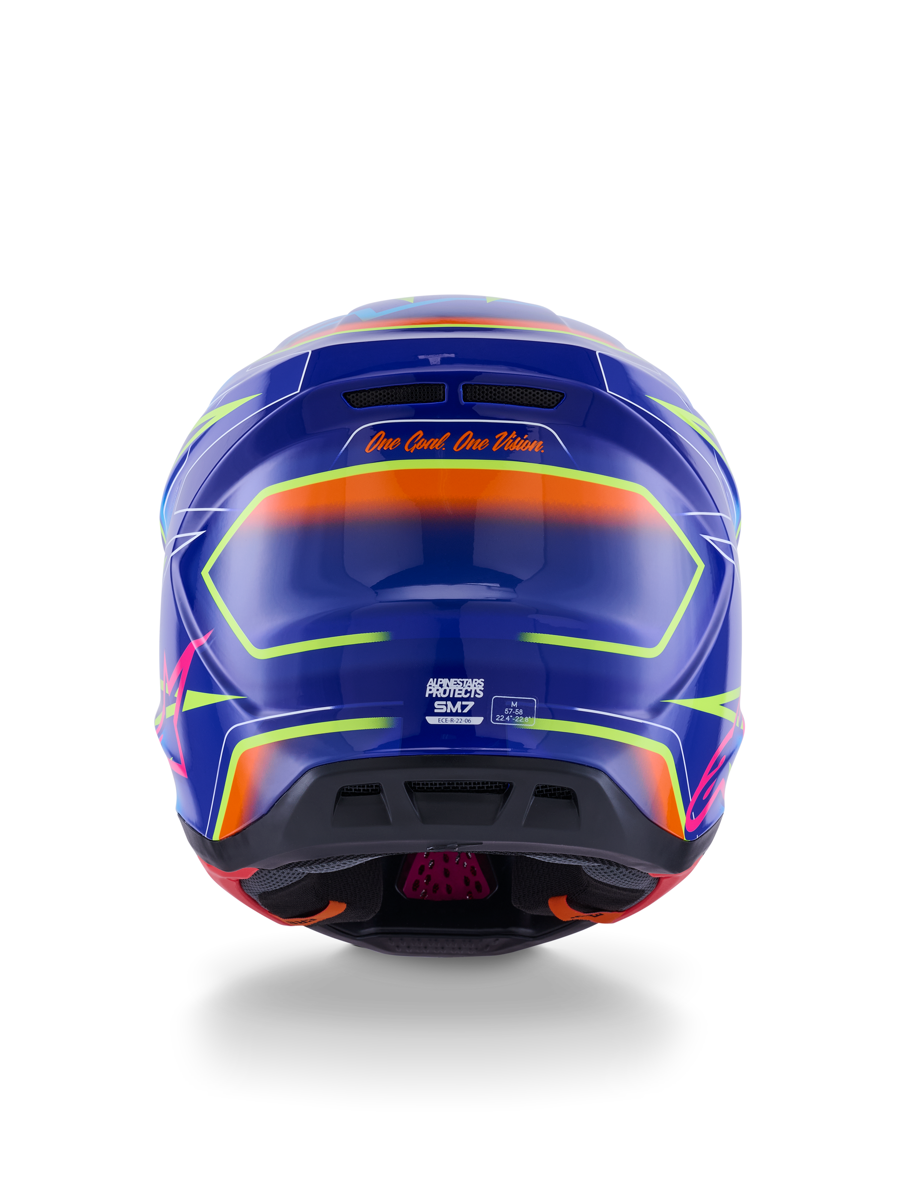 Alpinestars S-M7 Cast Helmet ECE 22.06, Motocross Helmet, Blue Pink and Yellow Fluo Glossy, rear view showing 'One Goal. One Vision.' slogan, aerodynamic composite shell with integrated ventilation ports and vibrant neon accents