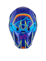 Alpinestars S-M7 Cast Helmet, Motocross Helmet, Blue Pink and Yellow Fluo Glossy, front view featuring vibrant yellow fluo geometric lines, pink Alpinestars star logo on the chin bar, and light blue star logo on the visor area, aerodynamic shell design for off-road racing