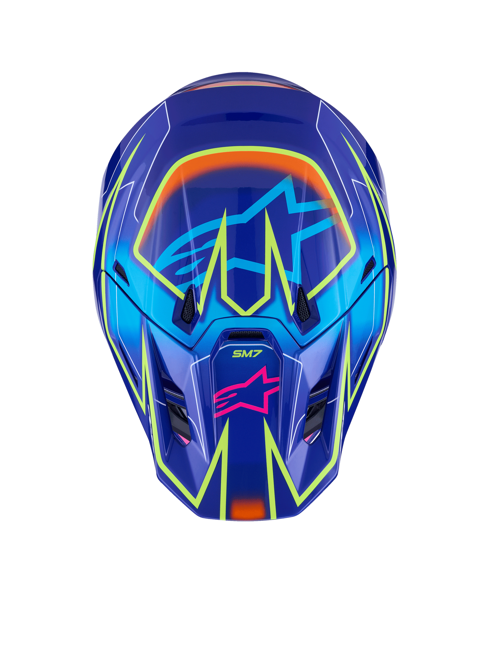 Alpinestars S-M7 Cast Helmet, Motocross Helmet, Blue Pink and Yellow Fluo Glossy, front view featuring vibrant yellow fluo geometric lines, pink Alpinestars star logo on the chin bar, and light blue star logo on the visor area, aerodynamic shell design for off-road racing