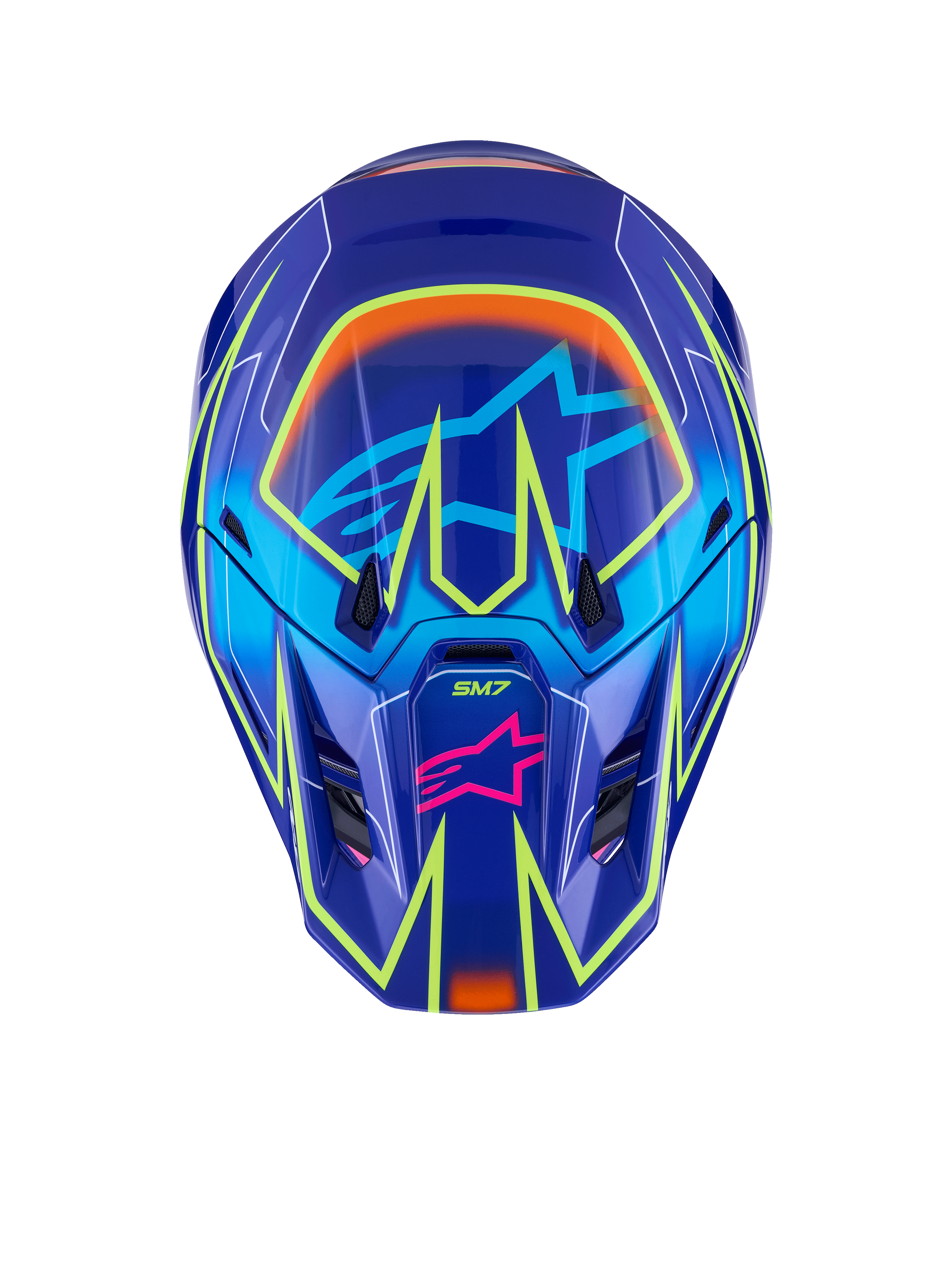 Alpinestars S-M7 Cast Helmet, Motocross Helmet, Blue Pink and Yellow Fluo Glossy, front view featuring vibrant yellow fluo geometric lines, pink Alpinestars star logo on the chin bar, and light blue star logo on the visor area, aerodynamic shell design for off-road racing