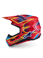 Alpinestars S-M7 Cast Motocross Helmet, red with fluo yellow and blue graphics, glossy composite shell, ECE 22.06 certified.
